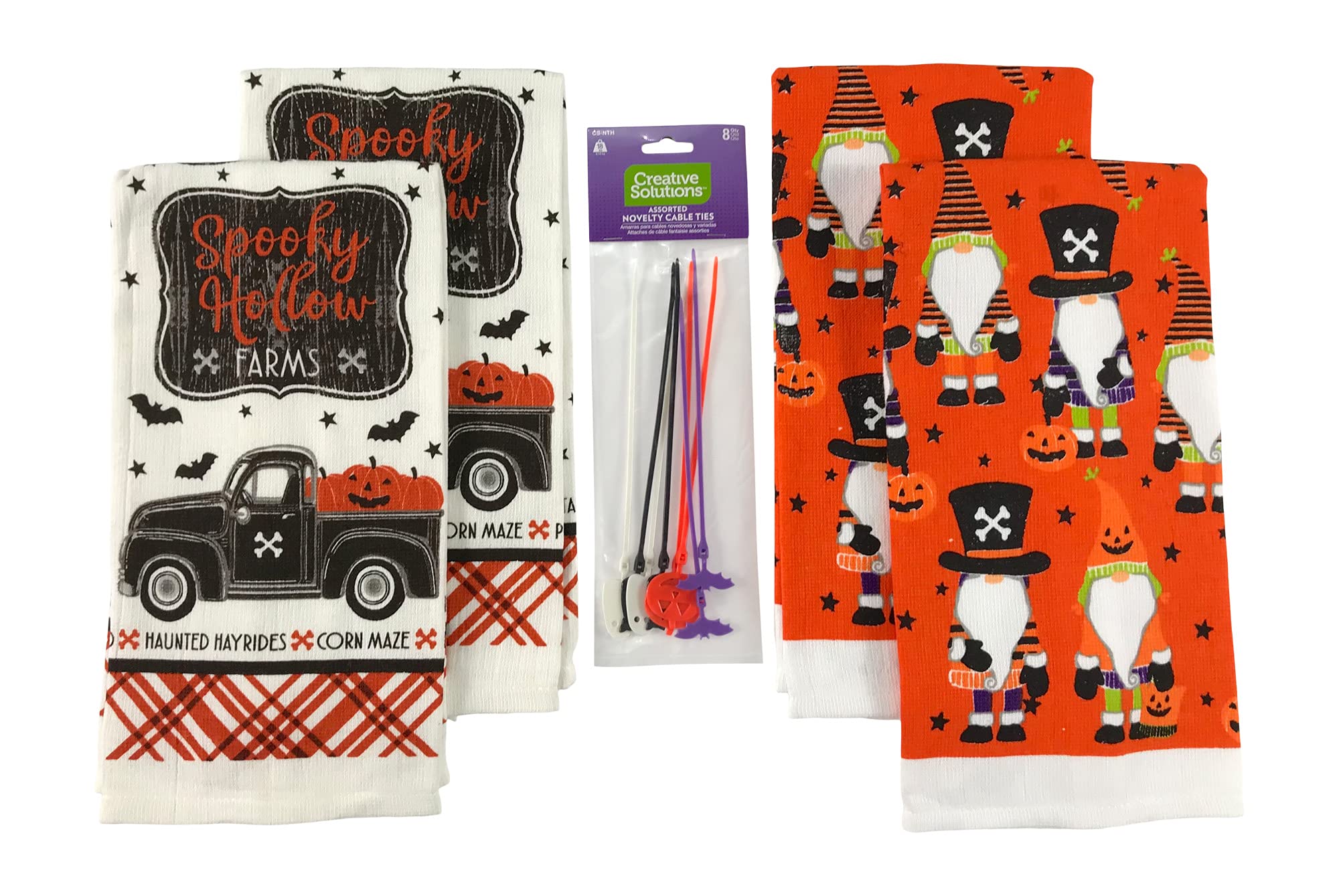 Halloween Kitchen Dish Towels and Pot Holders Set - Cute Haunted Home Castle Design with Bats in Orange, Black & White | Spooky Kitchen Decor for Halloween Parties & Fall Home Decorating