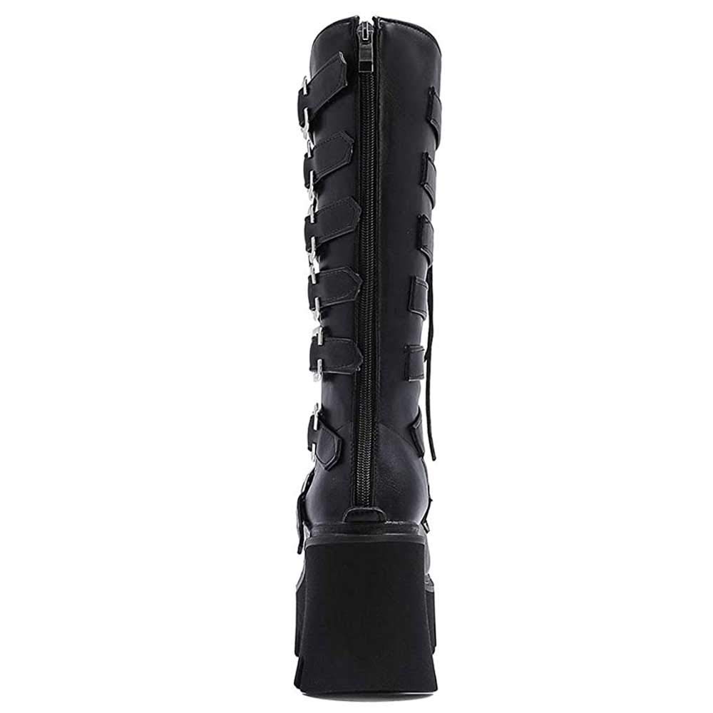 Women's Studded Mid Calf Combat Boots - Thick Platform Round Toe Punk Gothic Boots with Buckle & Rivet Details - Perfect for Halloween, Concerts & Edgy Street Style