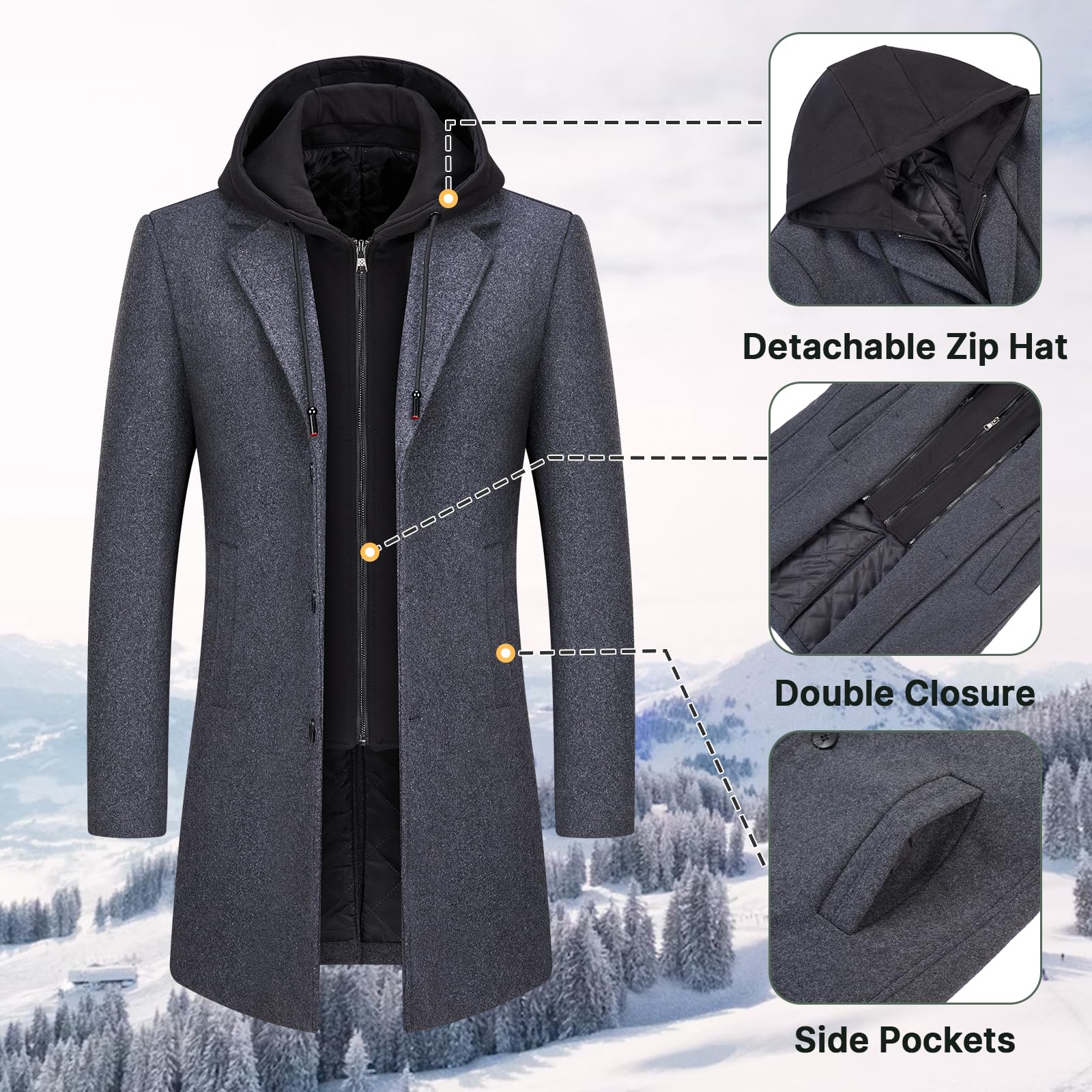 Premium Men's Wool Blend Trench Coat with Detachable Hood - Warm Winter Overcoat for Business, Office & Outdoor Activities
