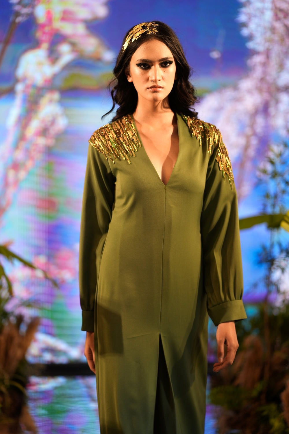 Elegant Dark Jade Green Slit Dress with Metallic Gold Embellishments - Perfect for Evening Parties, Cocktail Events & Special Occasions