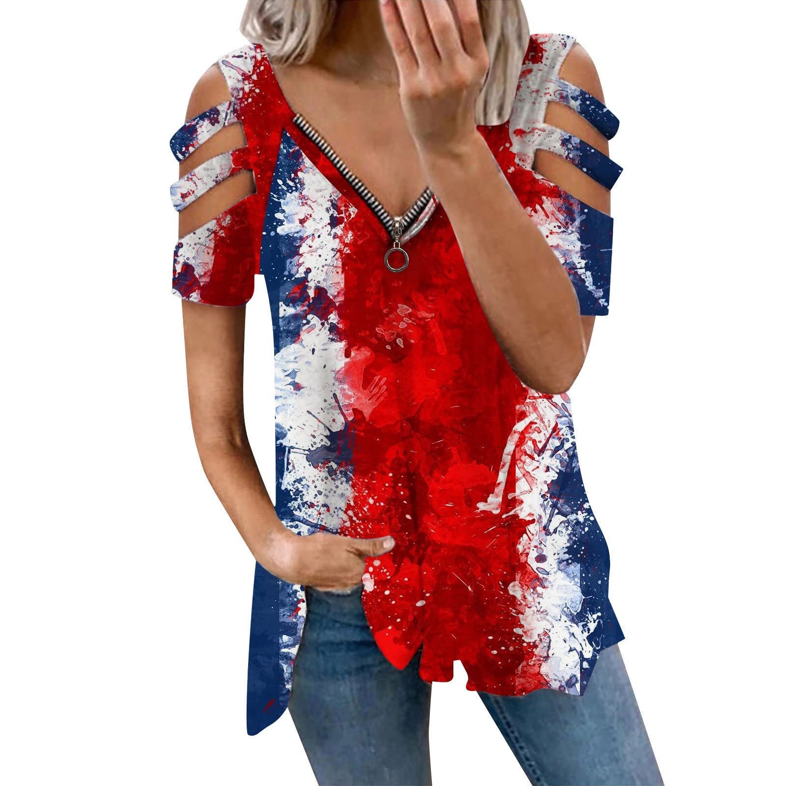 Women's Cold Shoulder Zip Up Tunic Top - Short Sleeve V-Neck Tie Dye Blouse in Red White & Blue | Boho Chic Casual Wear for Summer, Music Festivals & Beach Outfits