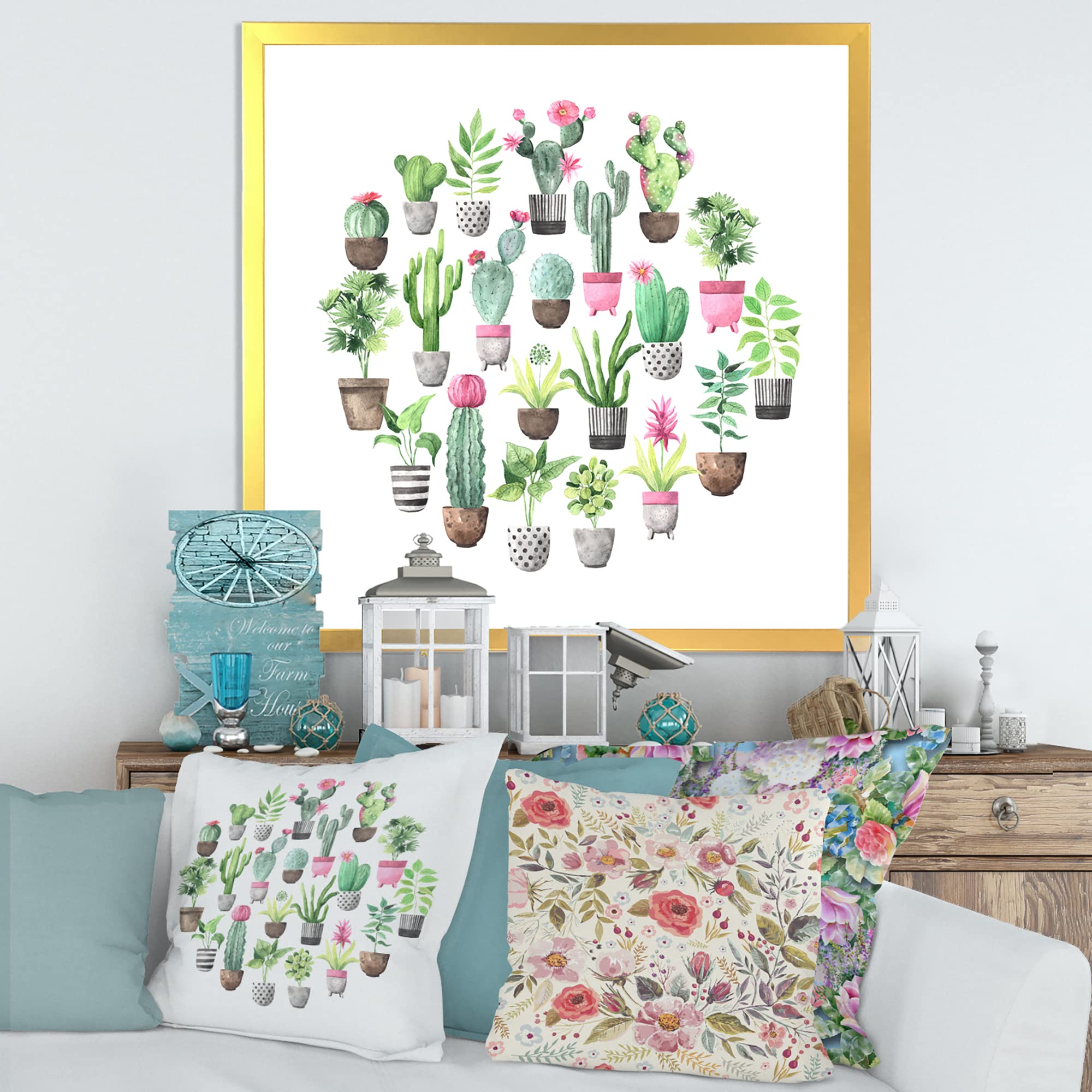 DesignQ Cacti in Ceramic Pots - Soft Tone Traditional Framed Wall Art Decor for Living Room, Bedroom & Office
