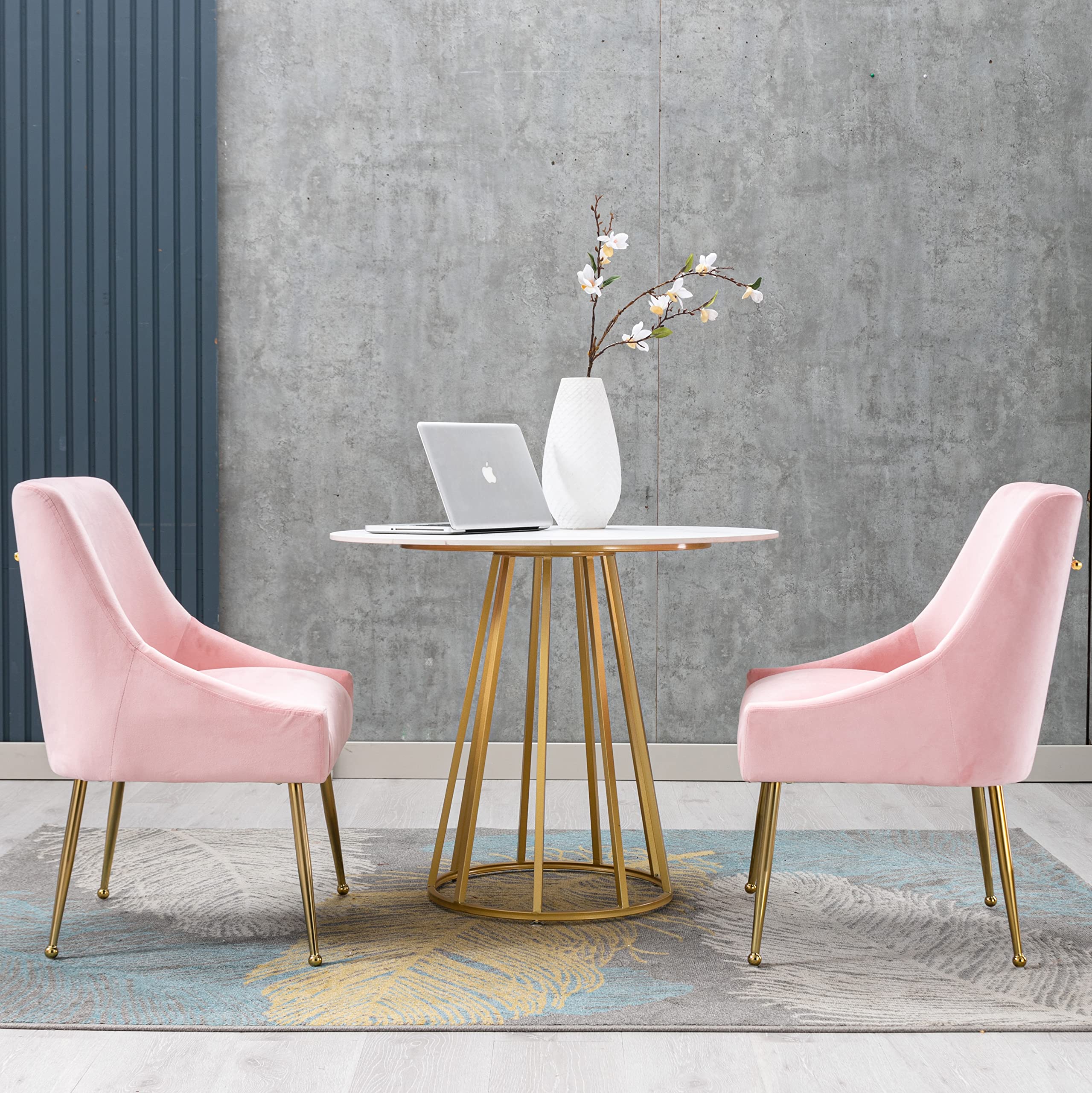 Luxury Modern Velvet Accent Chair Set of 2 - Thick Sponge Upholstered Dining Chairs with Golden Metal Legs for Dining Room, Bedroom, Living Room & Office Decor - Elegant Pink Velvet Seating for Home & Workspace