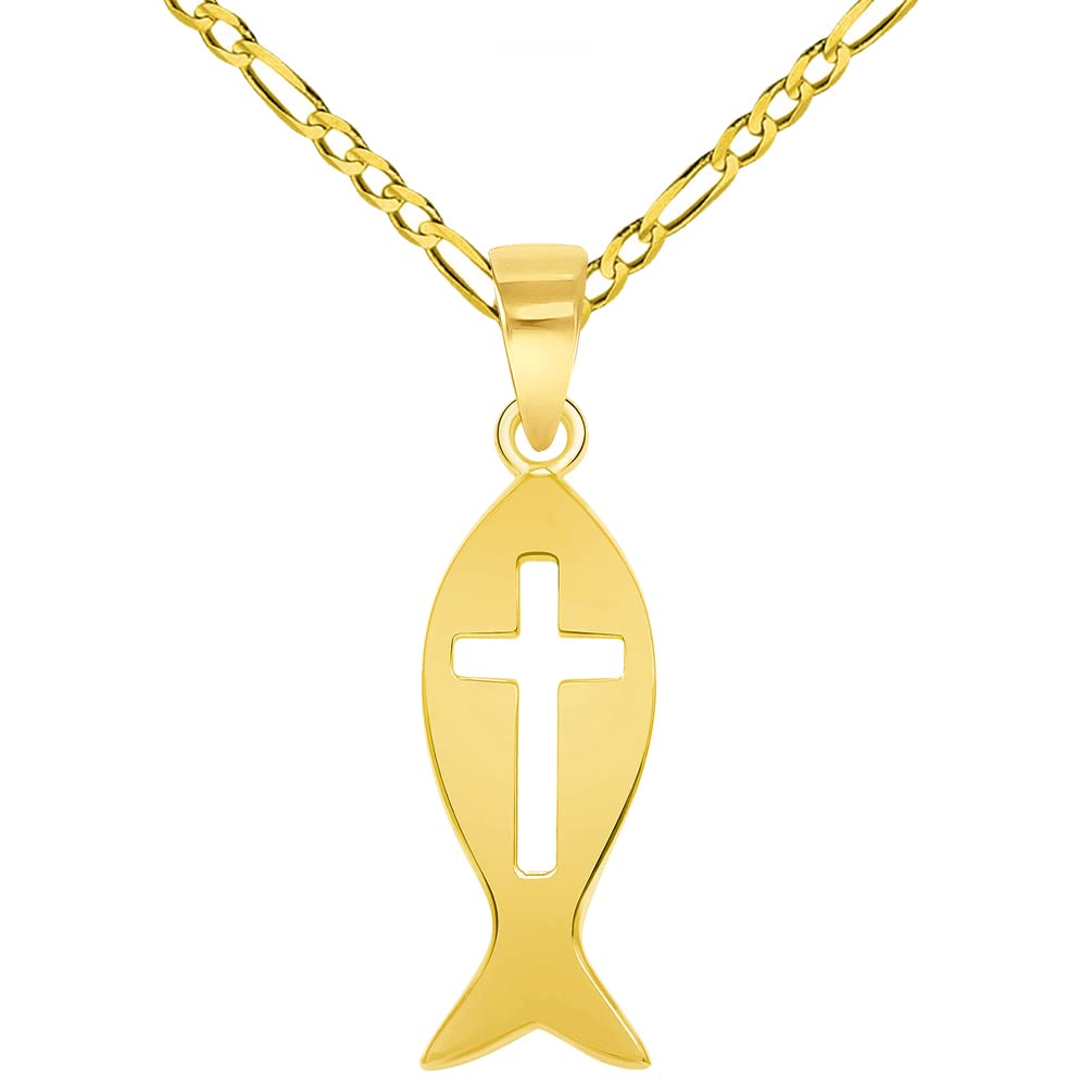 14K Yellow Gold Ichthus Christian Fish Symbol Pendant Necklace with Cable, Curb & Figaro Chain Options - Perfect for Baptisms, Weddings & Religious Gift Giving