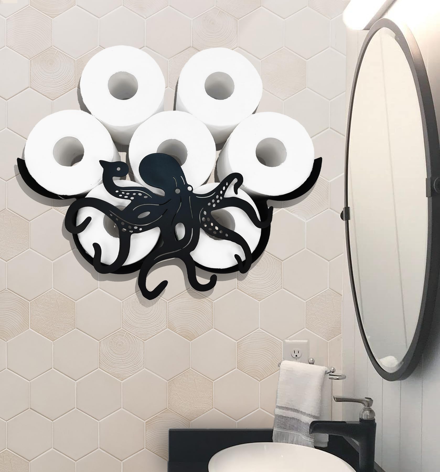Black Octopus Metal Wall Toilet Paper Holder - Animal Decorative Bathroom Tissue Storage Organizer with 8-Roll Capacity - Perfect for Coastal, Nautical, or Kids' Bathroom Decor