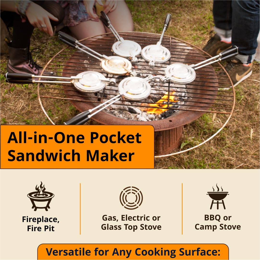 **Handheld Pie Iron & Sandwich Maker - Portable Panini Press, Campfire Toaster for Hot Sandwiches & Pies - Perfect for Stovetop, Grill, Outdoor Cooking & Camping Trips**