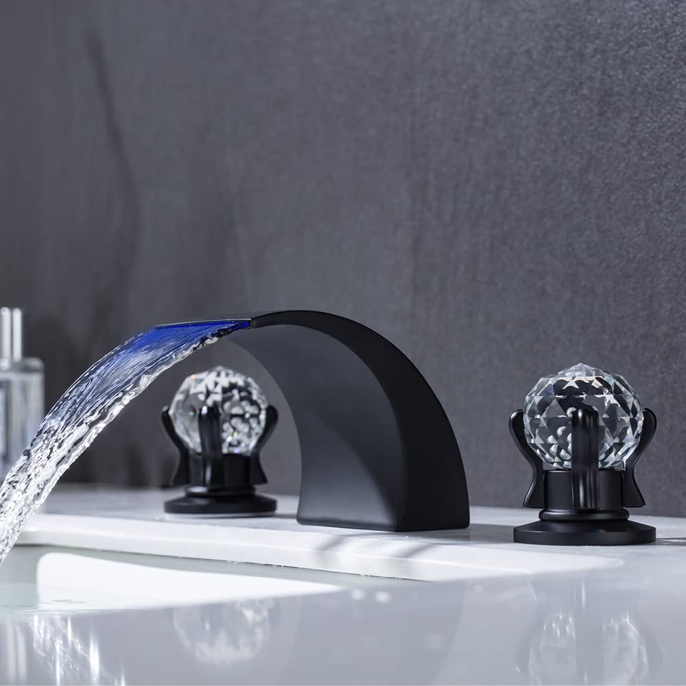 3 Hole 2 Handle Widespread LED Waterfall Bathroom Sink Faucet with Dual Crystal Handles - 8 Inch Matte Black Basin Mixer Tap with Supply Hose - Perfect for Modern Vanities & Luxury Bathroom Renovations
