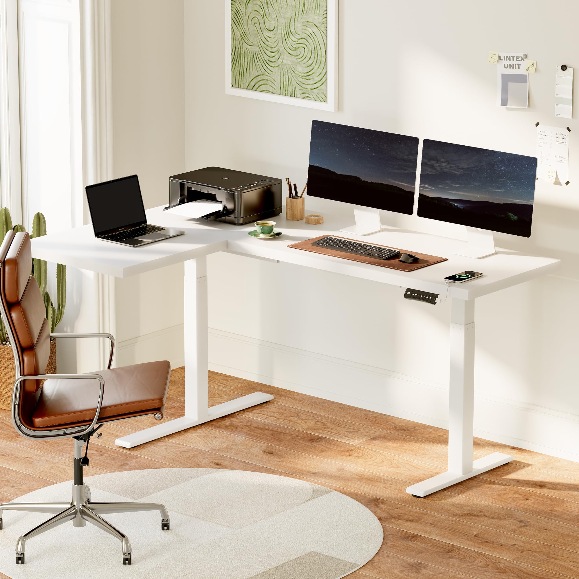 FLEXISPOT L-Shaped Electric Standing Desk - Dual Motor Height Adjustable Corner Computer Desk with Splice Board, 71x48 Inches, White - Perfect for Home Office & Gaming Setup