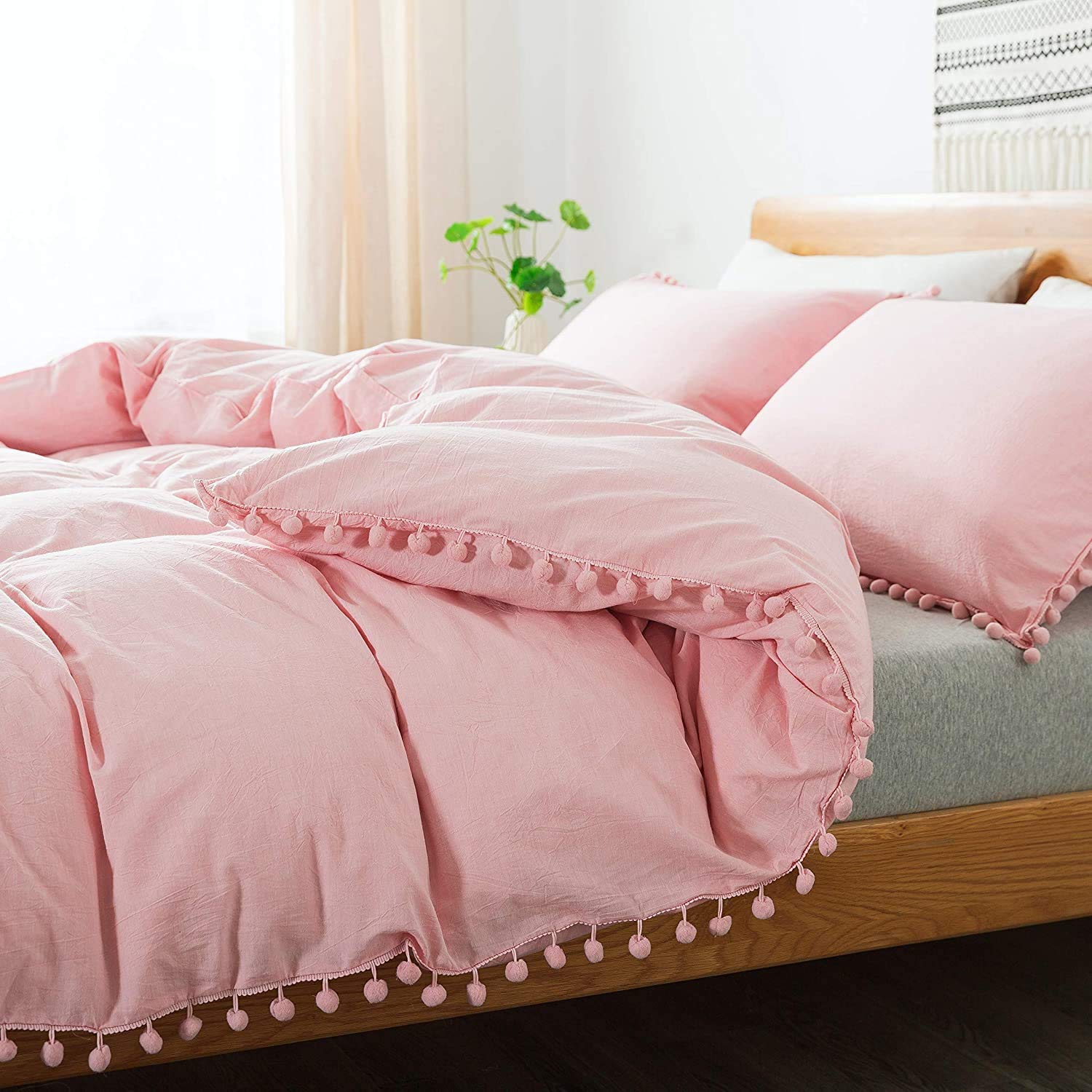 Softta 100% Washed Cotton Duvet Cover King Size 3-Piece Set - Pink Boho Bohemian Bedding with Ruffle & Pom Pom Trim for Girls & Teens - Vintage Modern Style for Bedroom Decor (Perfect for Teen Rooms, Dorm Decor & Boho Chic Home Styling)