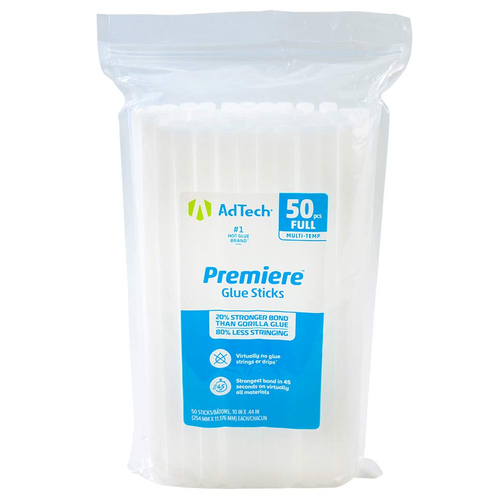AdTech Stringless Premiere 50ct Hot Glue Sticks - 10 Inch Full Size White Glue Sticks for DIY Crafts, Woodworking & Home Repairs (50-Pack)