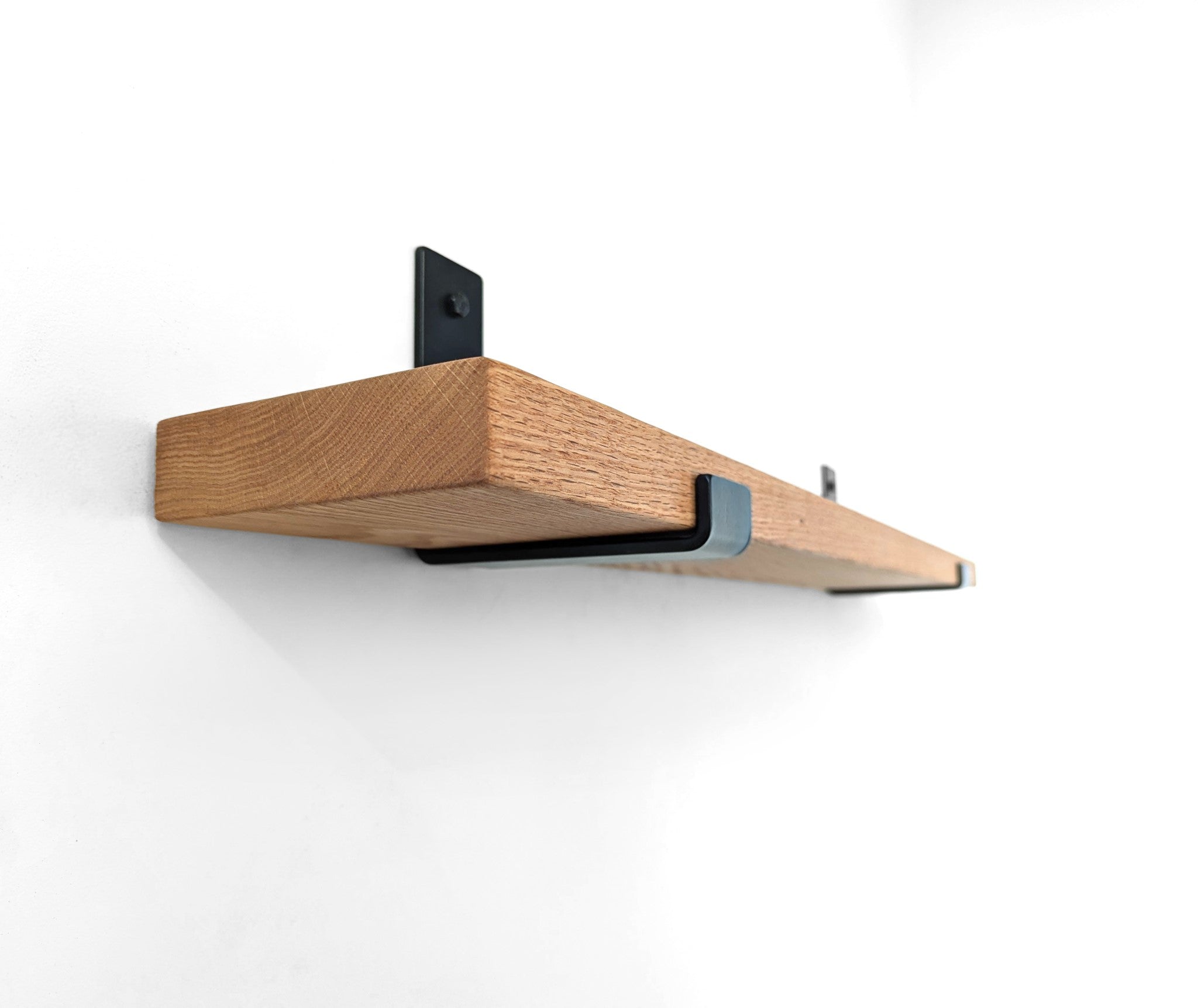 Sturdy Oak Wood Shelf with Black Steel J Brackets - Heavy Duty Floating Shelves for Living Room, Kitchen, or Office Storage