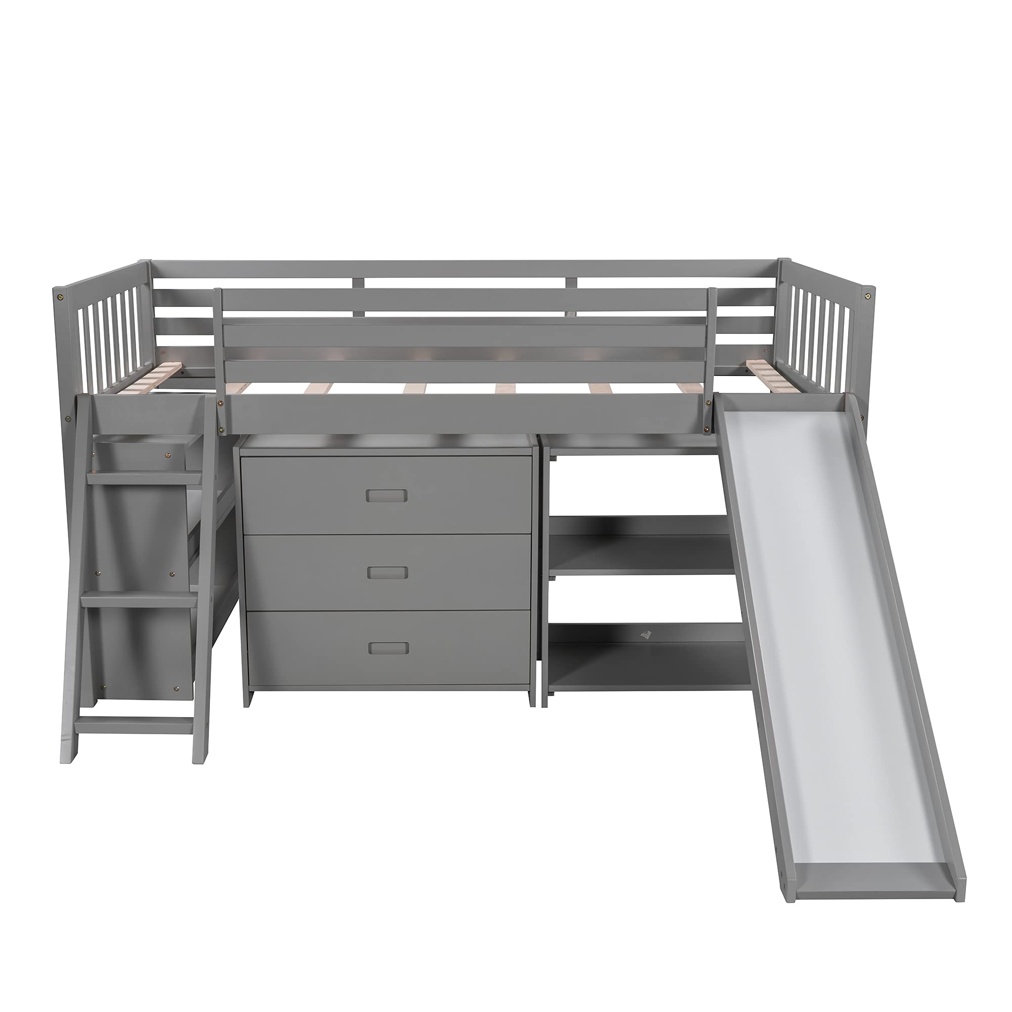 Solid Wood Low Loft Bed for Kids - Twin Size with Convertible Slide & Ladder, Wooden Loft Bed with Built-in Bookcase & 3-Tier Drawers, Space-Saving Design - Perfect for Small Bedrooms, Dorm Rooms & Kids' Play Areas