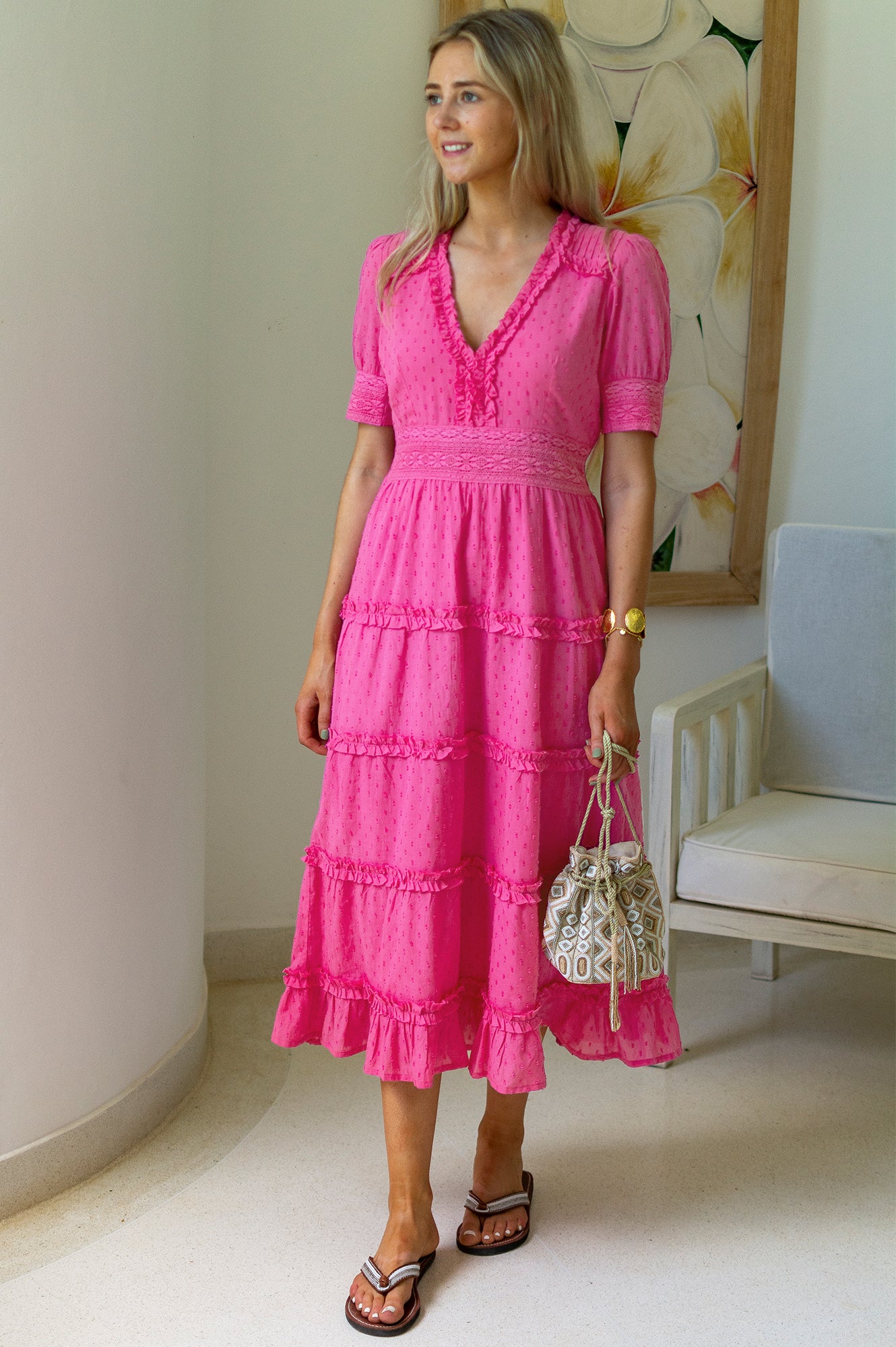 Organic Cotton Viola Short Sleeve Dobby Dress - Bright Pink | Casual Summer Outfit, Beach Cover-Up, Boho Chic Style