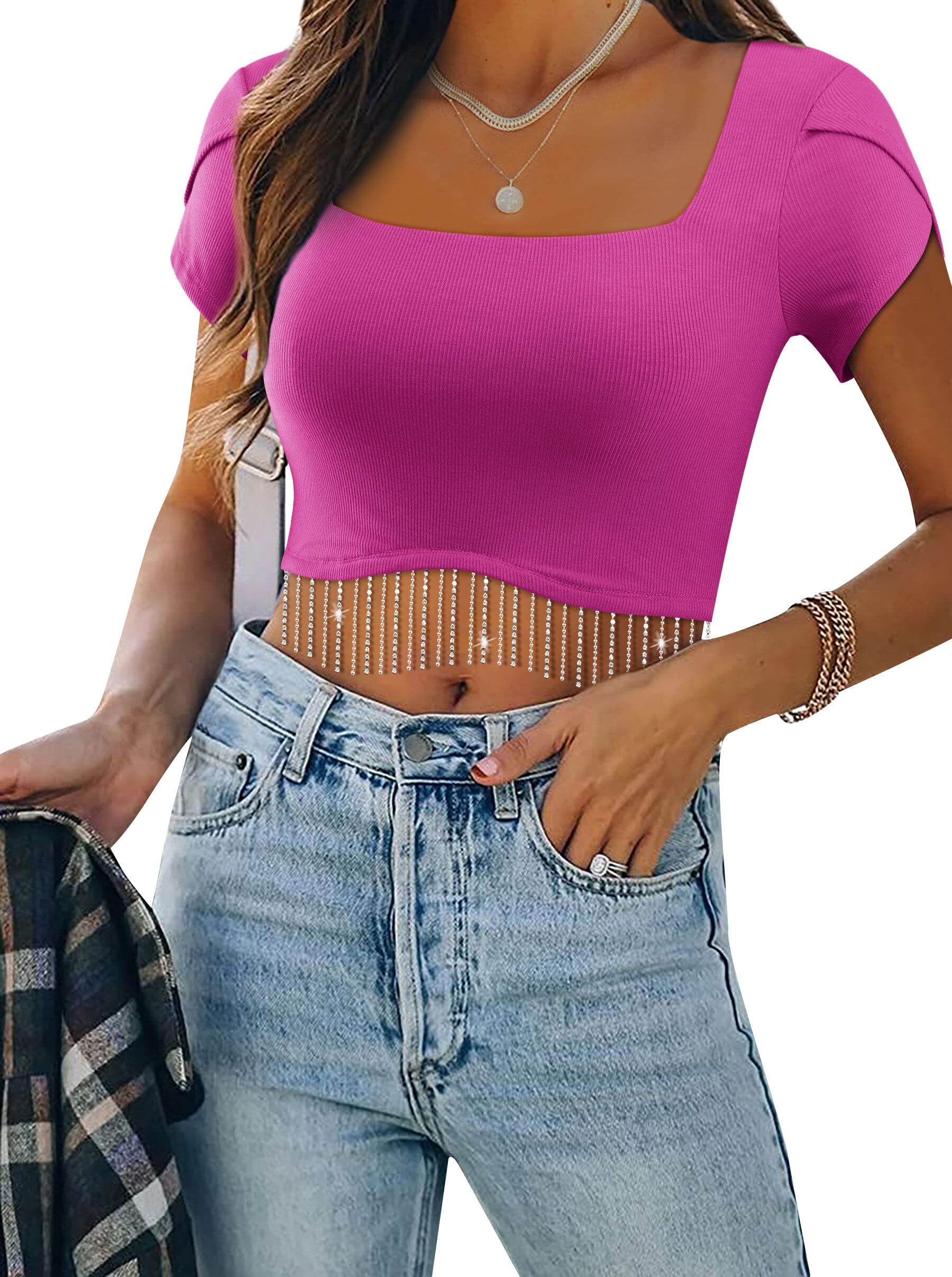 WLLW Women's Sparkly Rhinestone Fringe Crop Top - Square Neck Glitter Tassel Blouse for Nashville Night Out, Party, and Festival Outfits