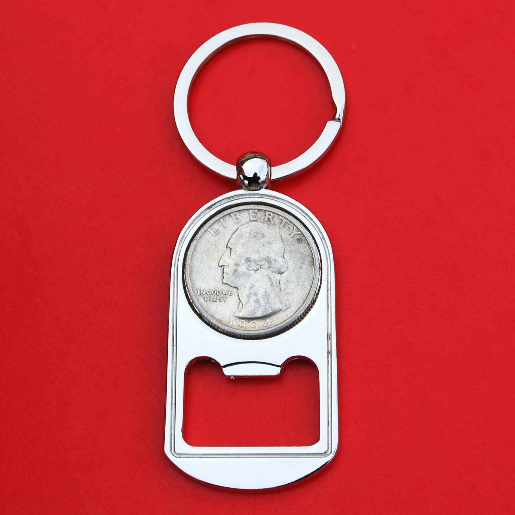 Vintage 1934 Washington Quarter 90% Silver Coin Keychain with Bottle Opener - Unique Collectible Gift for Coin Enthusiasts (Perfect for Key Rings, Gifts & Everyday Carry)