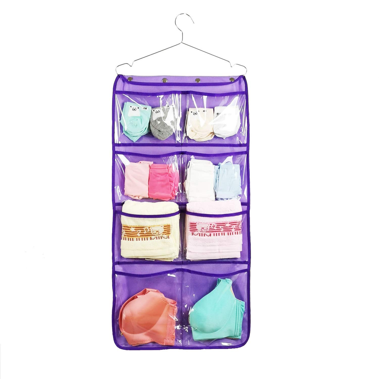 Durable Dual-Sided Hanging Closet Organizer with 12 Large Clear Pockets - Perfect for Underwear, Socks, Bras & Stockings Storage - Space Saving Closet Accessory (Purple) - Ideal for Bedroom, Dorm & Travel Organization