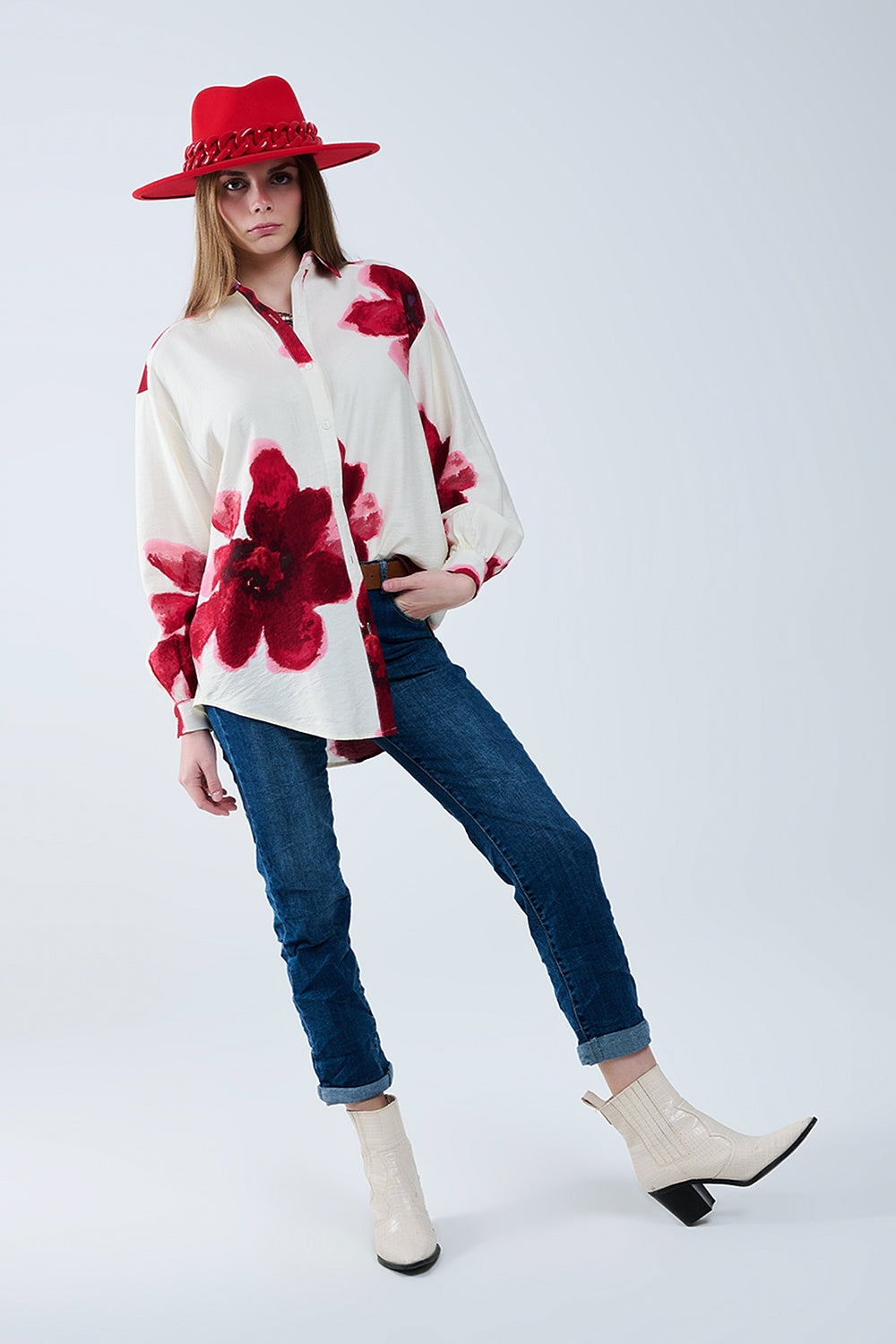 Casual Beige Shirt with Red Tropical Flower Print - Perfect for Summer Outings, Beach Vacations & Boho Style