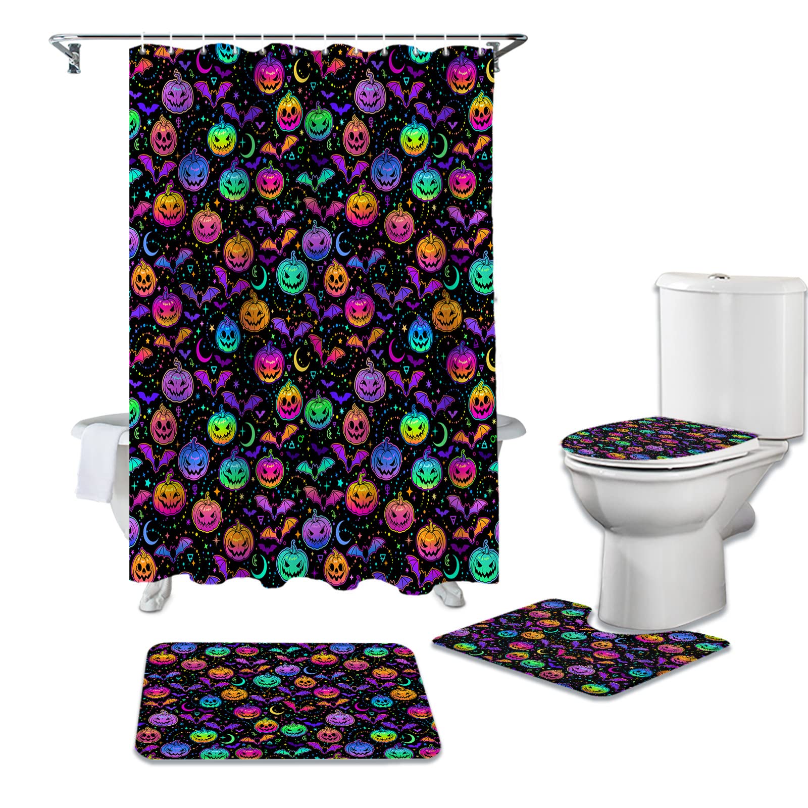 **4-Piece Halloween Pumpkin Grimace Bat Bathroom Mat Set - Non-Slip Shower Curtain, Toilet Seat Cover & Large Rugs (72x72in) - Spooky Bathroom Decor for Halloween & Fall Season**