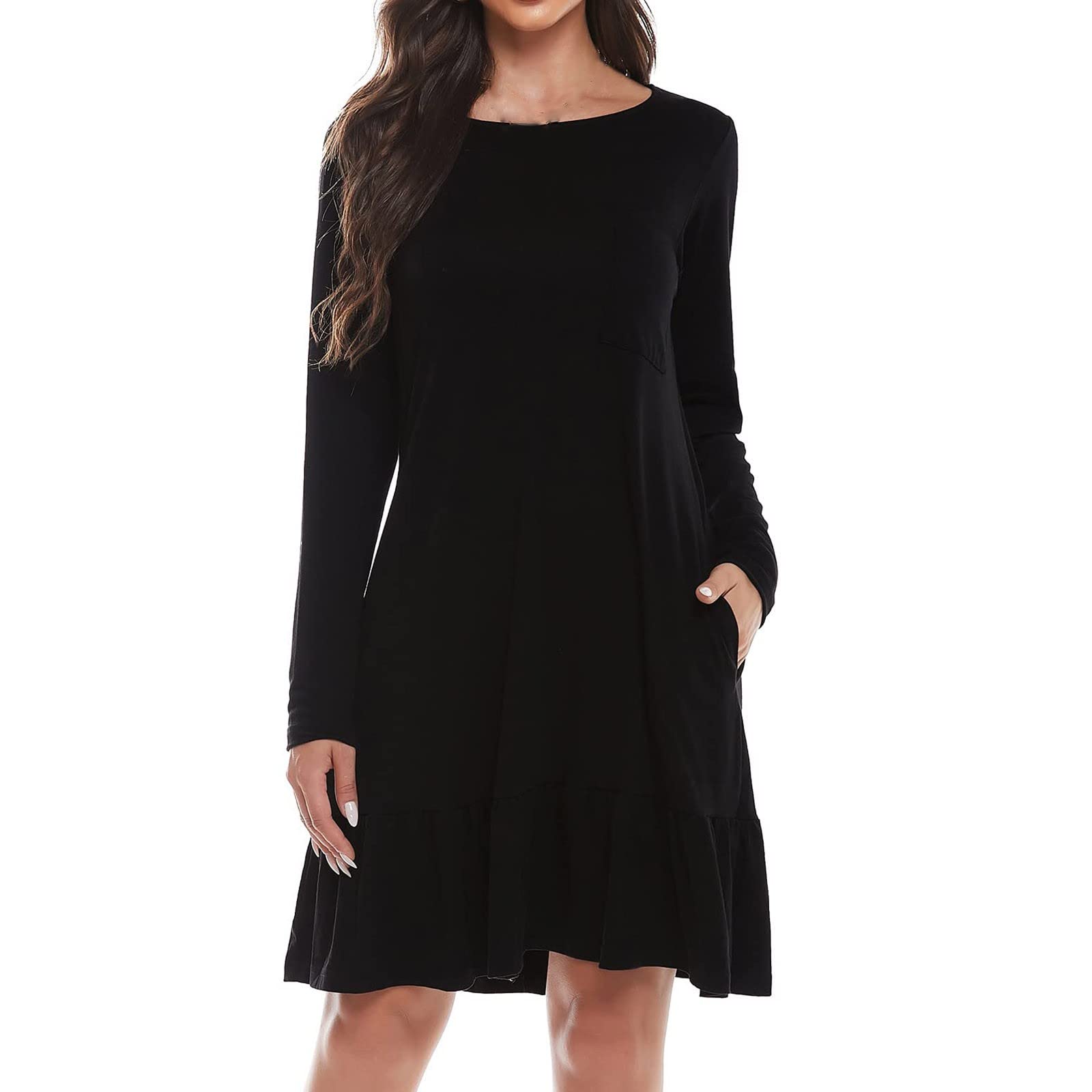 ULFANG Women's Casual Loose Long Sleeve Mini Dress with Pockets - Round Neck Solid Color Party Dress for Spring & Autumn | Perfect for Office, Date Night & Weekend Outings