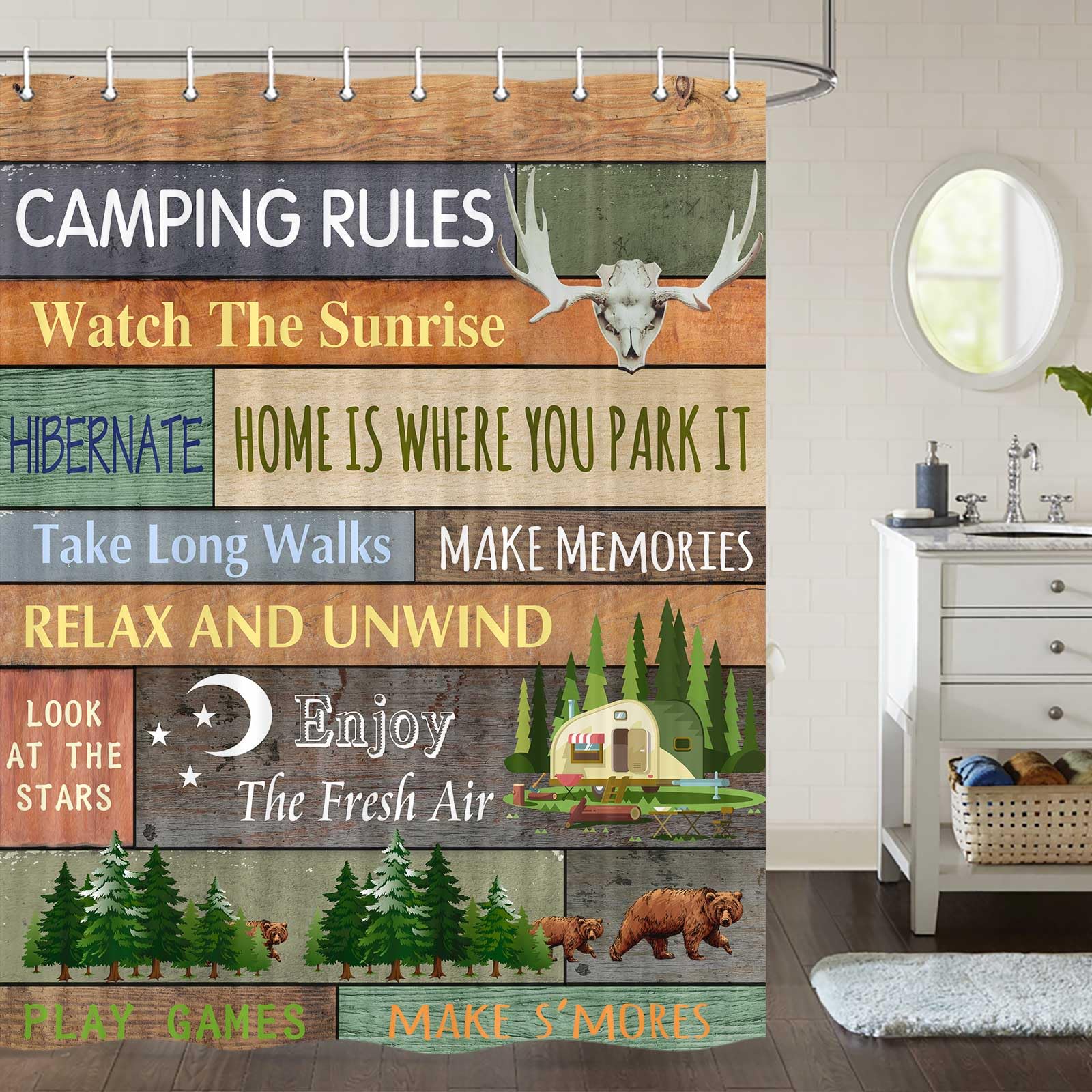 JAWO RV Shower Curtain for Travel Trailers - Farmhouse Style Camping Rules Quote Fabric Bathroom Curtain Set (47x64 Inches) with Hooks - Perfect for Small Narrow Spaces | Ideal for RV Bathrooms, Campers, Trailers & Outdoor Decor Accessories
