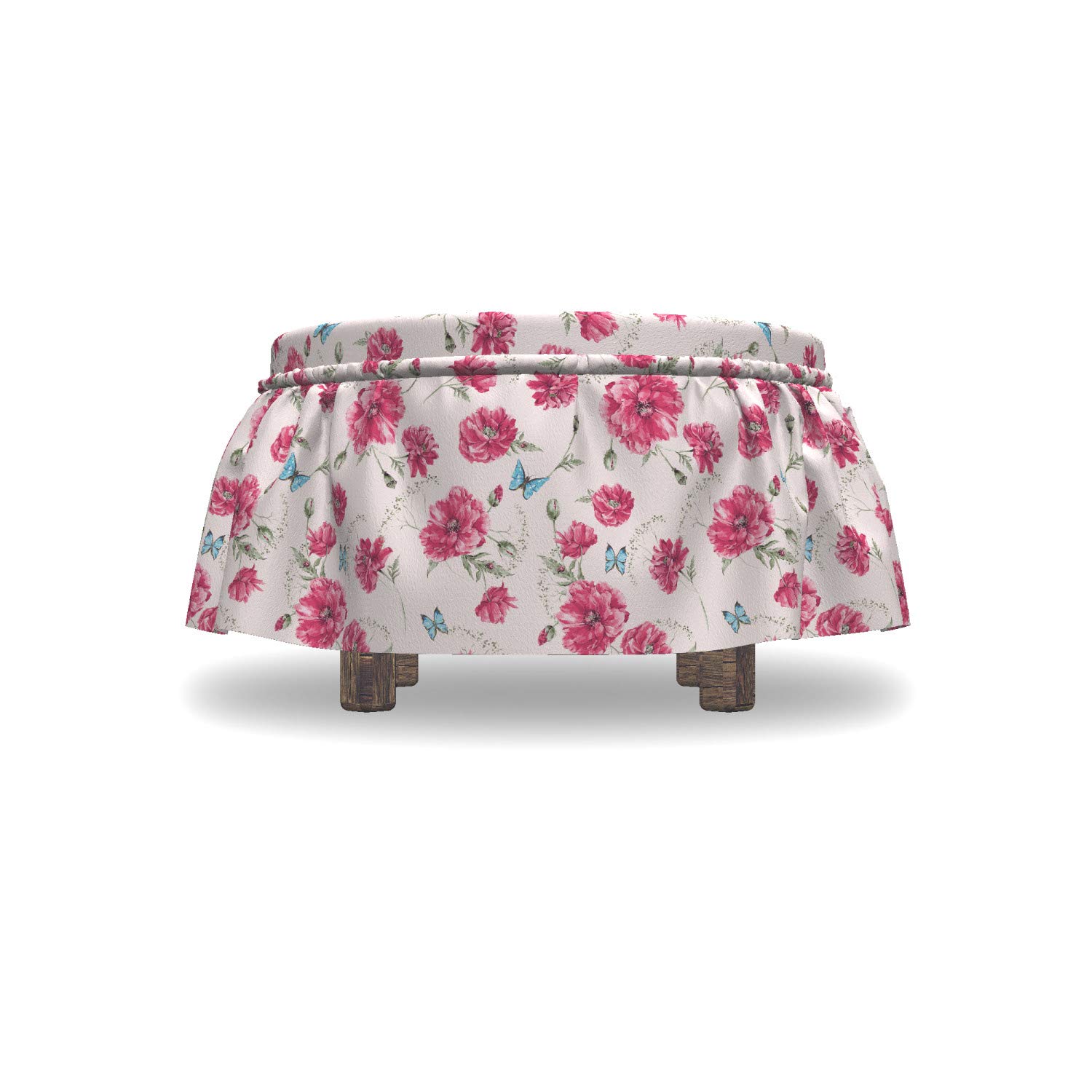 Ambesonne Aqua and Pink Ottoman Cover Slipcover Set - 2 Piece Summer Poppies Design with Ruffle Skirt for Square Round Cube Footstool, Standard Size Home Decor in Aqua Pink and Pale Pink | Perfect for Living Room, Bedroom, Nursery Decor and Gift Giving