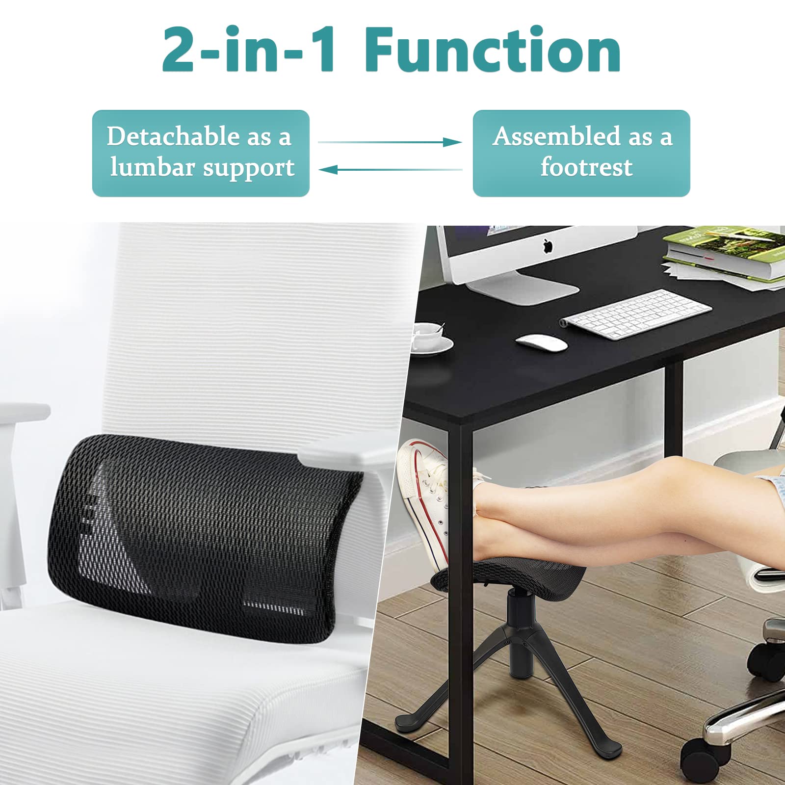 Adjustable Height Ergonomic Footrest for Desk - 2-in-1 Rotatable Under Desk Ottoman Stool with Wheels, Home Office Leg Rest Support (Black) - Perfect for Work from Home, Gaming & Study Comfort