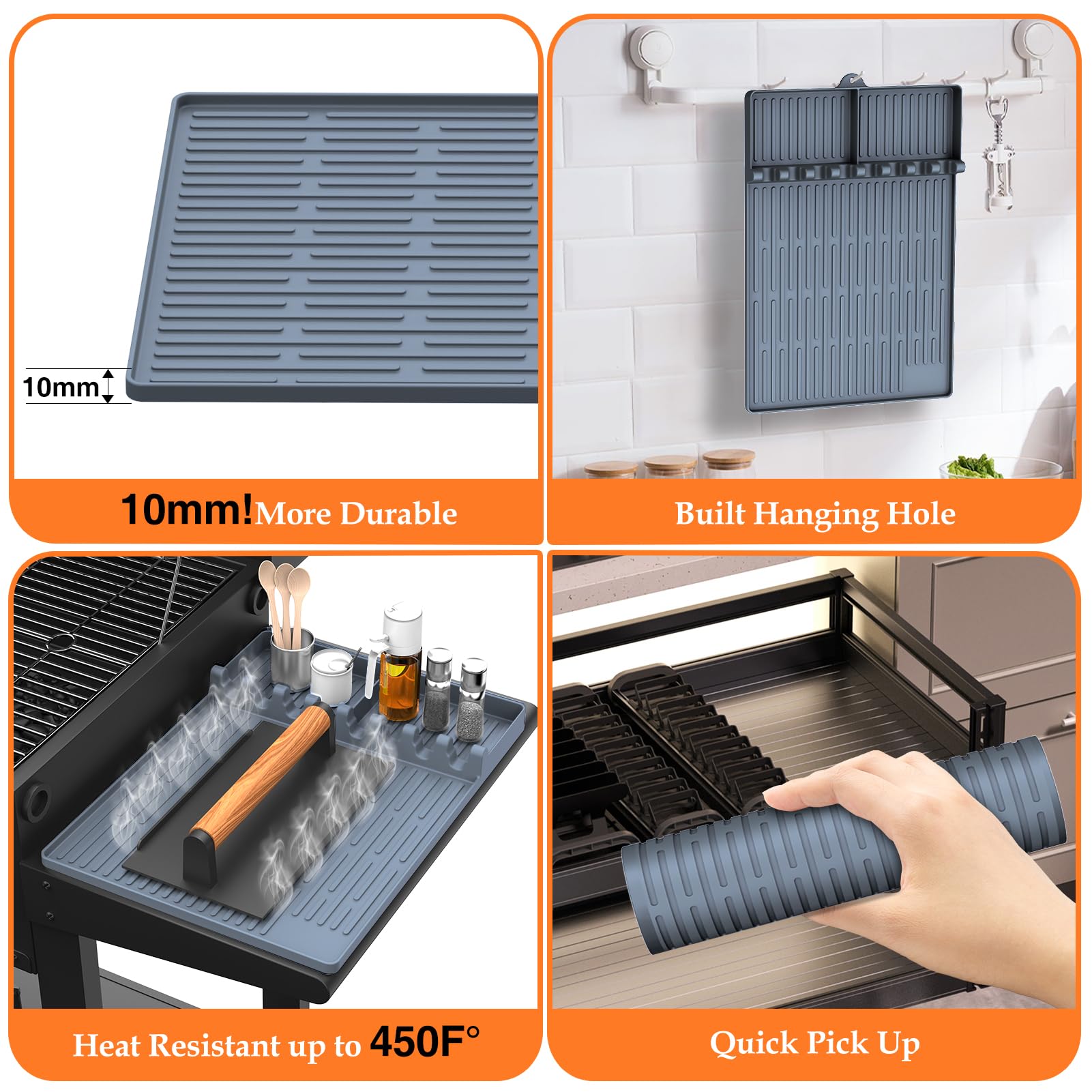 Non-Slip Silicone Griddle Mat for Blackstone - Heat-Resistant Grill Accessories with Drip Pad & Spatula Holder - Perfect for Outdoor Cooking, Camping & Backyard BBQs (Grey)