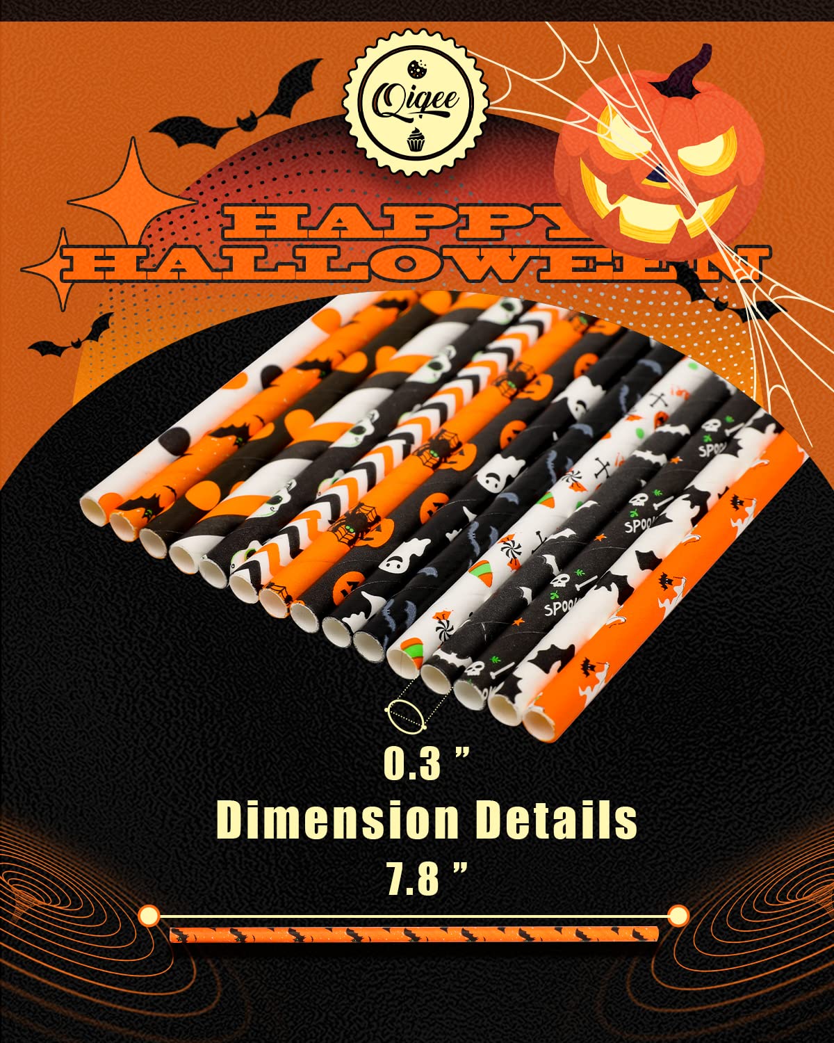 Halloween Paper Straws Bulk 150pcs - Eco-Friendly Disposable Drinking Straws with 10 Fun Patterns - Perfect for Halloween Parties, Birthday Celebrations & Holiday Events