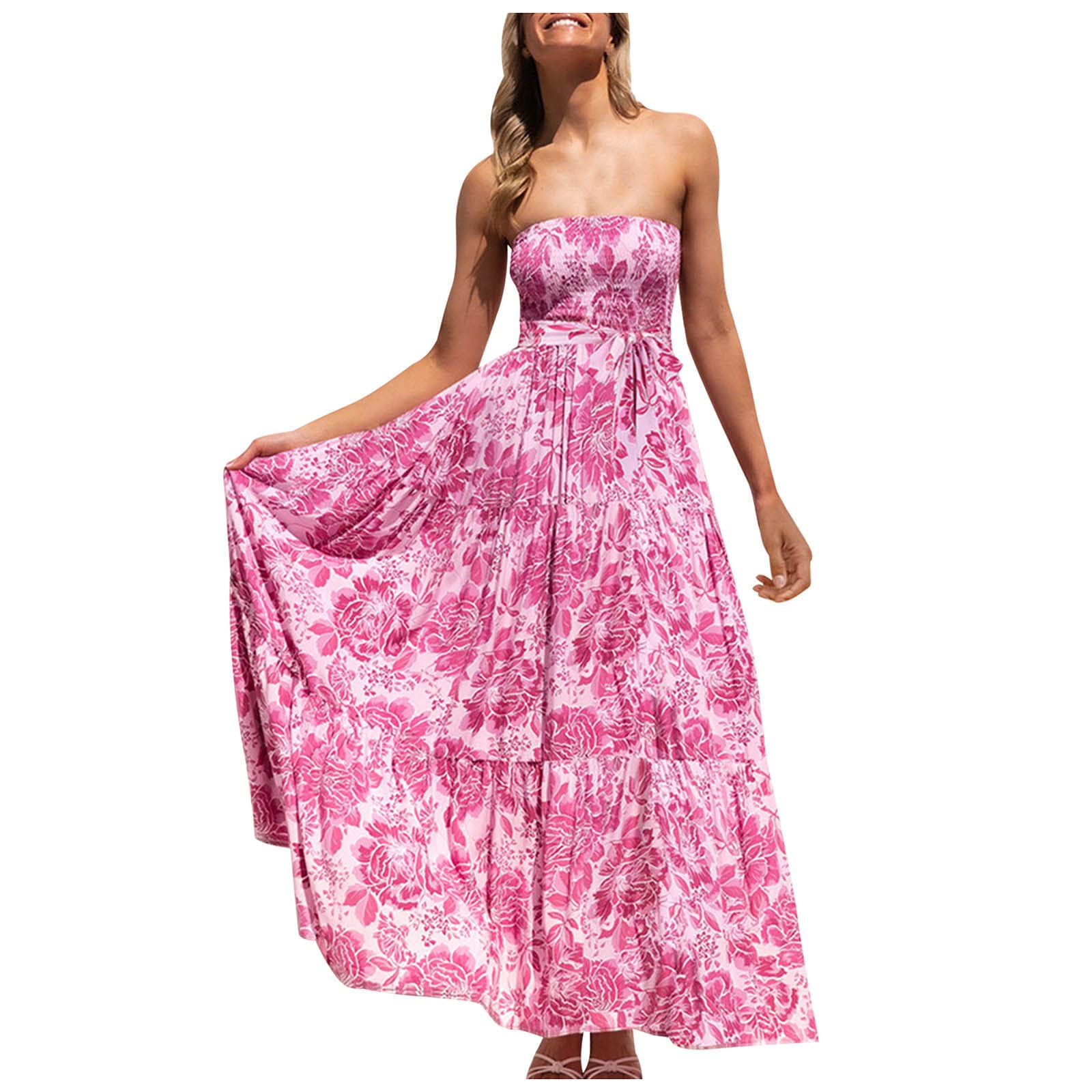 Women's Bohemian Tube Top Maxi Dress - Floral Print Strapless Summer Long Dress for Beach Cover Up | Perfect for Vacations, Music Festivals & Boho Chic Outfits