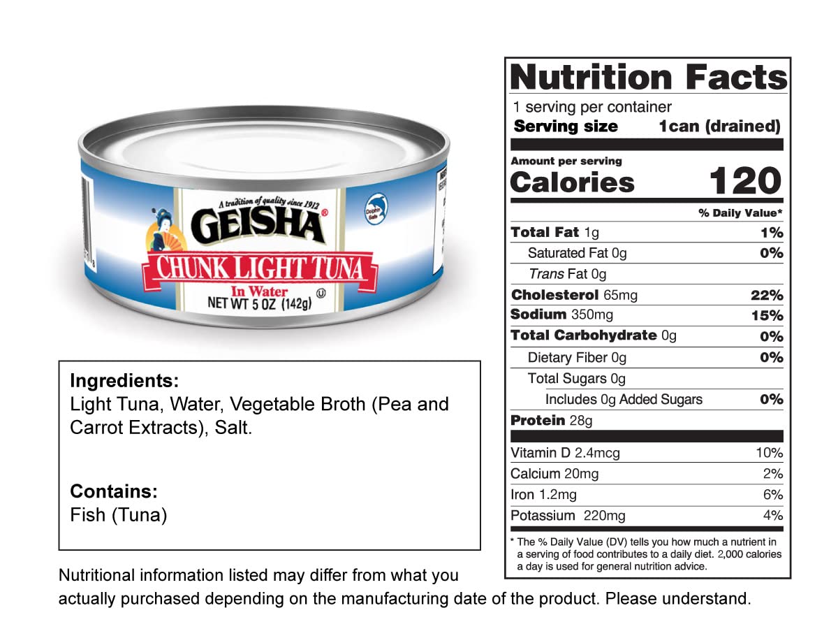 GEISHA Chunk Light Tuna in Water 5oz (Pack of 24) - Skipjack Tuna Cans | No Trans Fat, Sugar Free, Kosher Certified, Gluten Free | High in Omega 3 & Protein | Perfect for Salads, Sandwiches & Healthy Meals