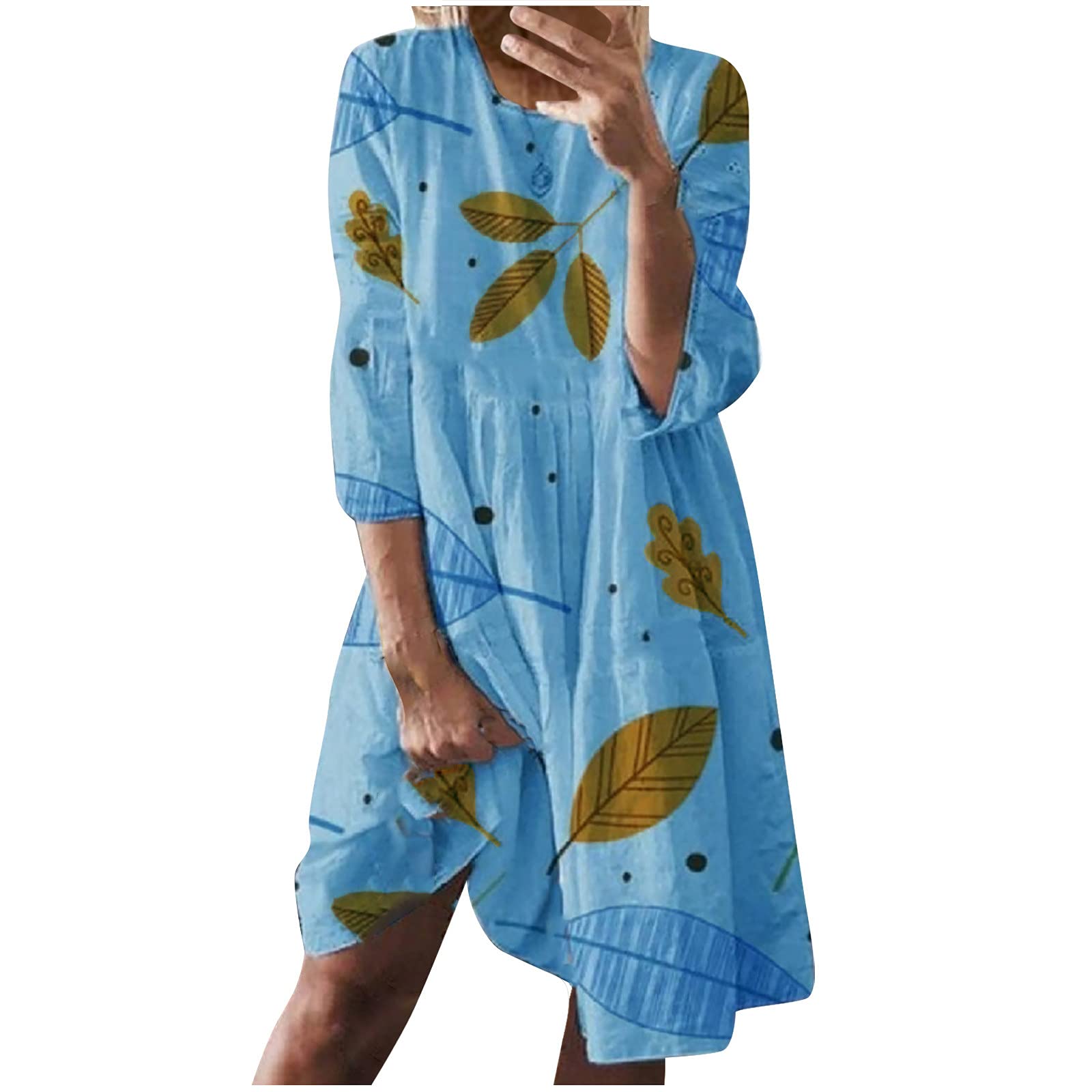 Women's Casual Summer Dress - 3/4 Sleeve Knee-Length Matsuba Leaf Print Sundress for Plus Size | Beach Wear, Vacation Outfit & Everyday Comfort