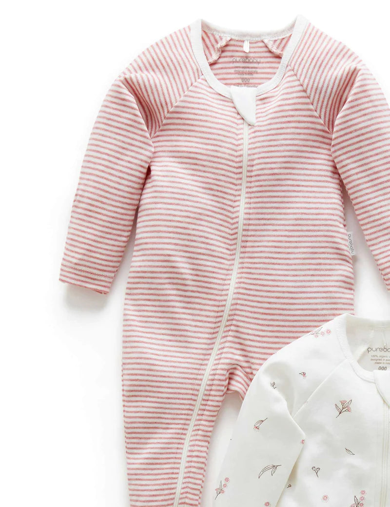 Purebaby Organic Cotton Zip Growsuit 2 Pack - Vanilla Blossom | Soft Baby Sleepwear for Newborns & Infants | Perfect for Nursery, Daycare & Playtime