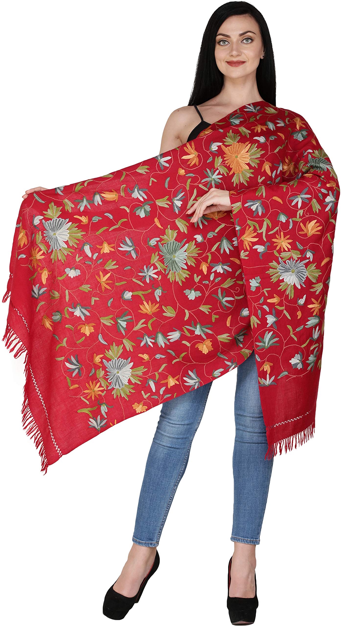 Hand-Embroidered Floral Aari Stole from Kashmir - 100% Pure Wool Shawl for Women - Perfect for Weddings, Parties & Winter Fashion