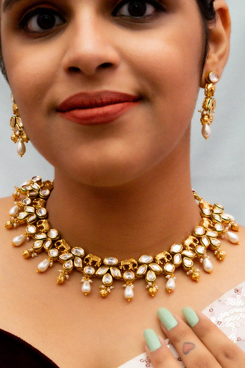 Royal Kundan Necklace and Earrings Set - 24K Gold Plated Designer Jewelry for Weddings, Parties & Special Occasions