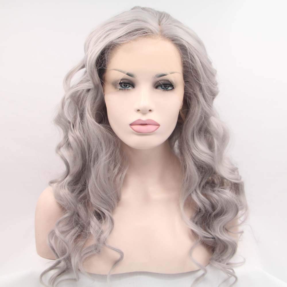 Melody Long Wavy Synthetic Lace Front Wig - Silver Grey Heat Resistant Ash Platinum Wig with Middle Parting for Cosplay, Halloween, Parties & Daily Fashion