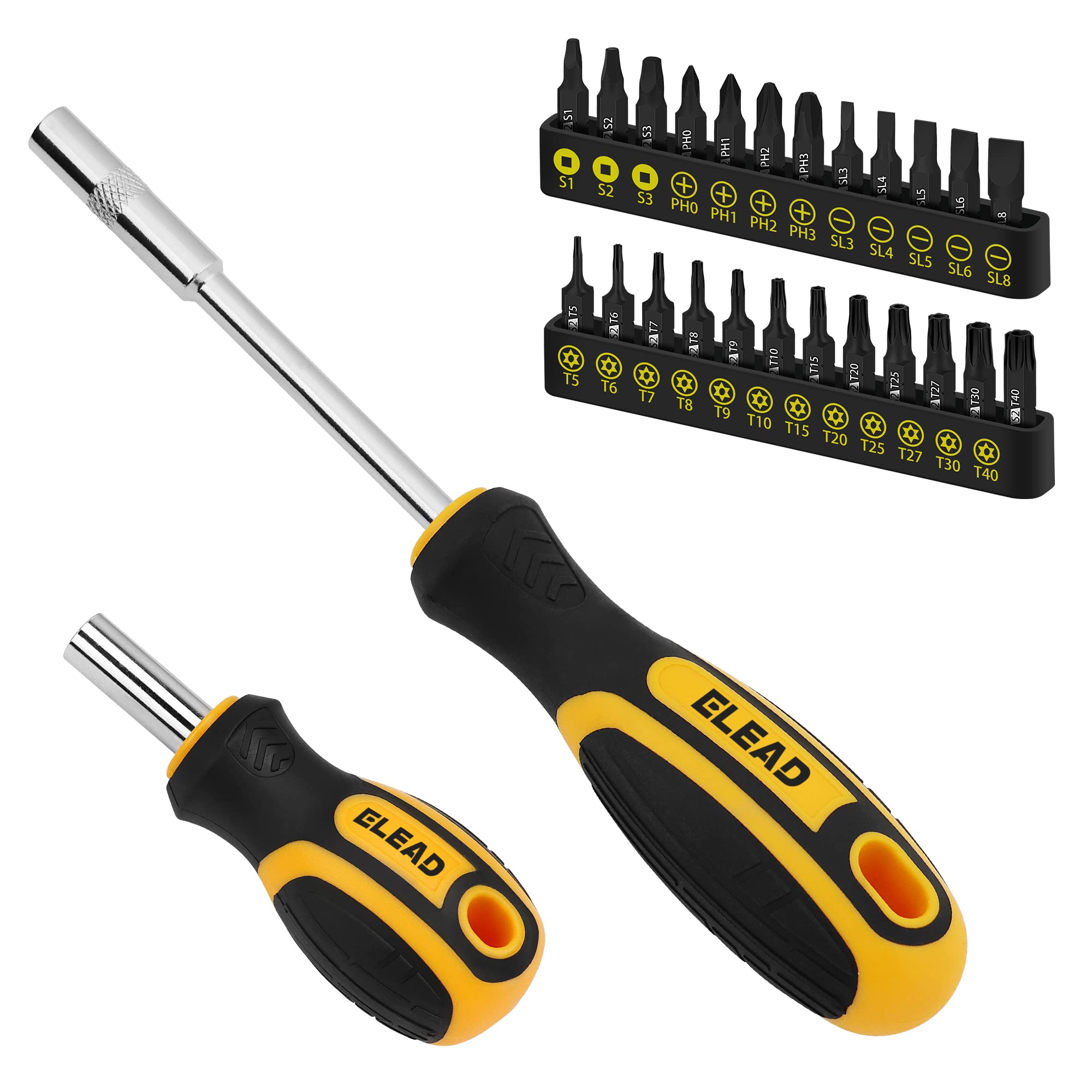 26-Piece Magnetic Screwdriver & Bit Set with Strong Magnetic Holder - Durable Torx, Square, Phillips & Slotted Bits - Ergonomic Cushion Grip 95mm & 210mm Handles - Perfect for Home Repair, DIY Projects & Professional Use
