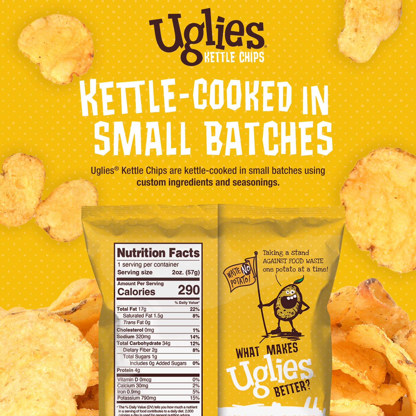 UGLIES Cheddar & Sour Cream Kettle-Cooked Potato Chips - Gluten Free, Kosher, Non-GMO Snack Packs (2oz, 24 Count) - Perfect for School Lunches, Office Snacks & On-the-Go Munching