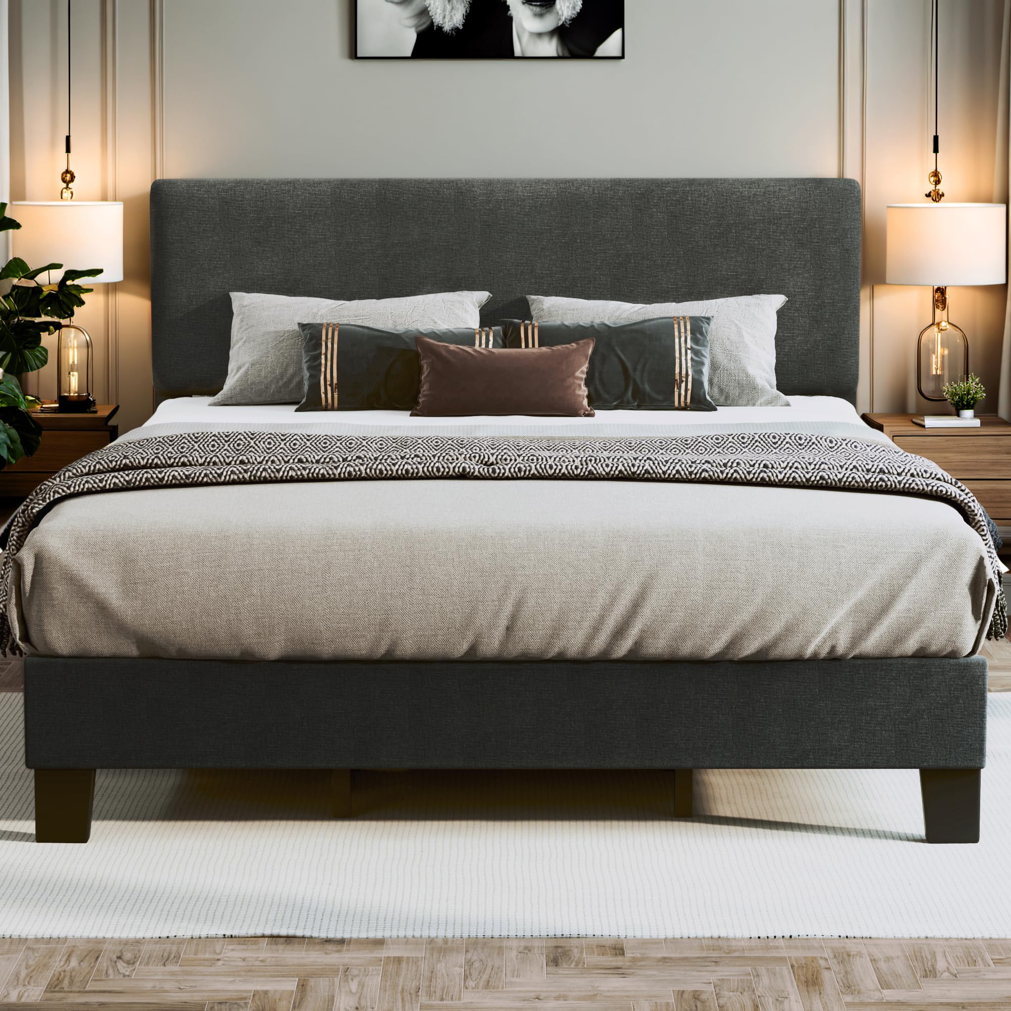 King Size Upholstered Bed Frame with Adjustable Headboard - Wooden Slat Support, No Box Spring Needed, Easy Assembly, Grey Linen Fabric Platform - Perfect for Master Bedrooms & Guest Rooms