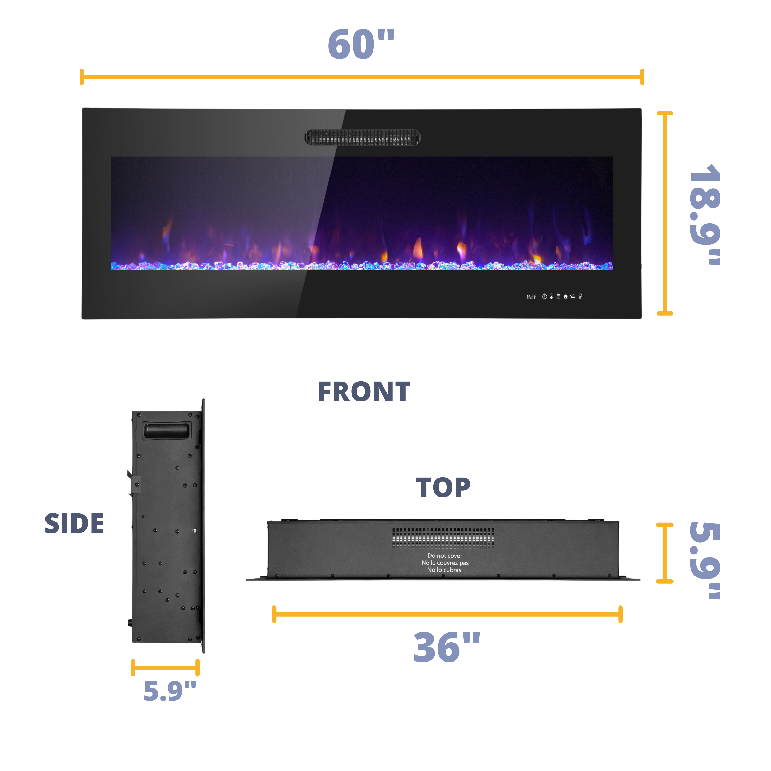 60 Inch LED Slim Electric Fireplace Insert - Wall Mounted Fireplace with 1500W Heater, Adjustable Realistic Flame, Remote Control | Log & Crystal Ember Options | Perfect for Living Room, Bedroom & Office Heating & Decor