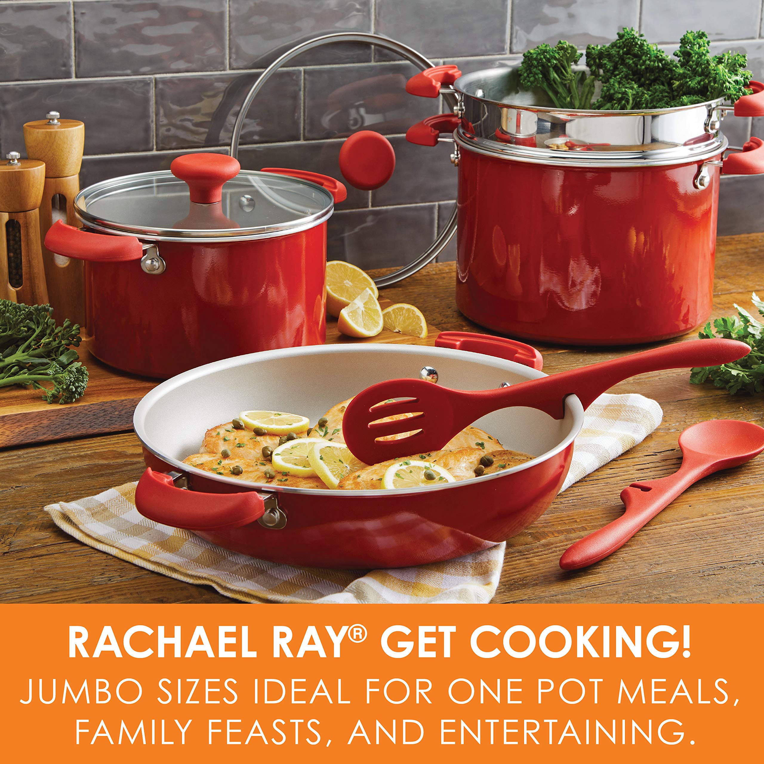 Rachael Ray 8-Piece Nonstick Cookware Set - Stackable Pots and Pans, Red | Durable Kitchen Essentials for Everyday Cooking, Baking & Meal Prep