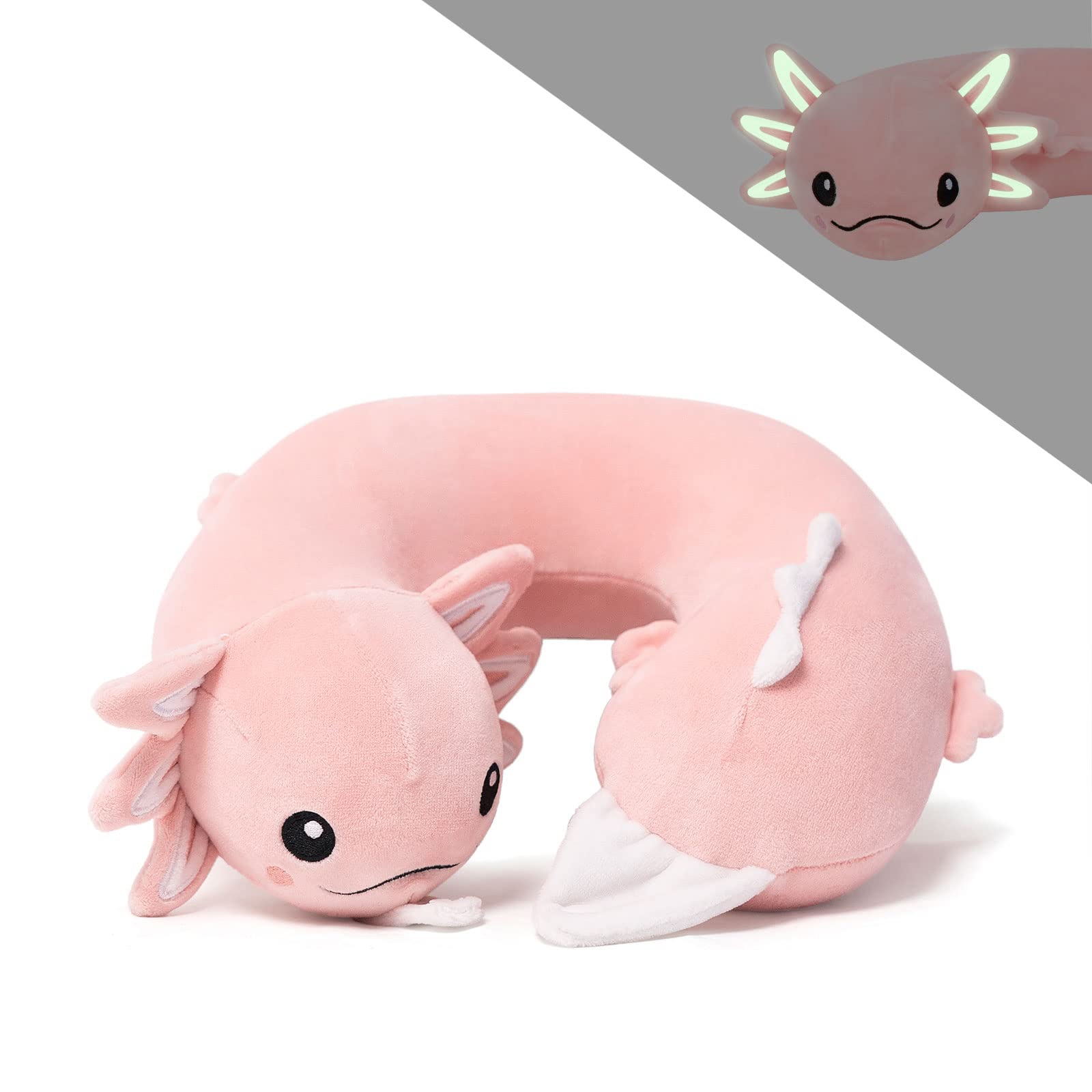 Soft Memory Foam Axolotl Neck Pillow for Kids 3-8 Years - Pink Travel Pillow for Airplane, Car & Road Trips - Ergonomic Cervical Support for Boys & Girls - Perfect for Sleeping on Flights & Long Journeys