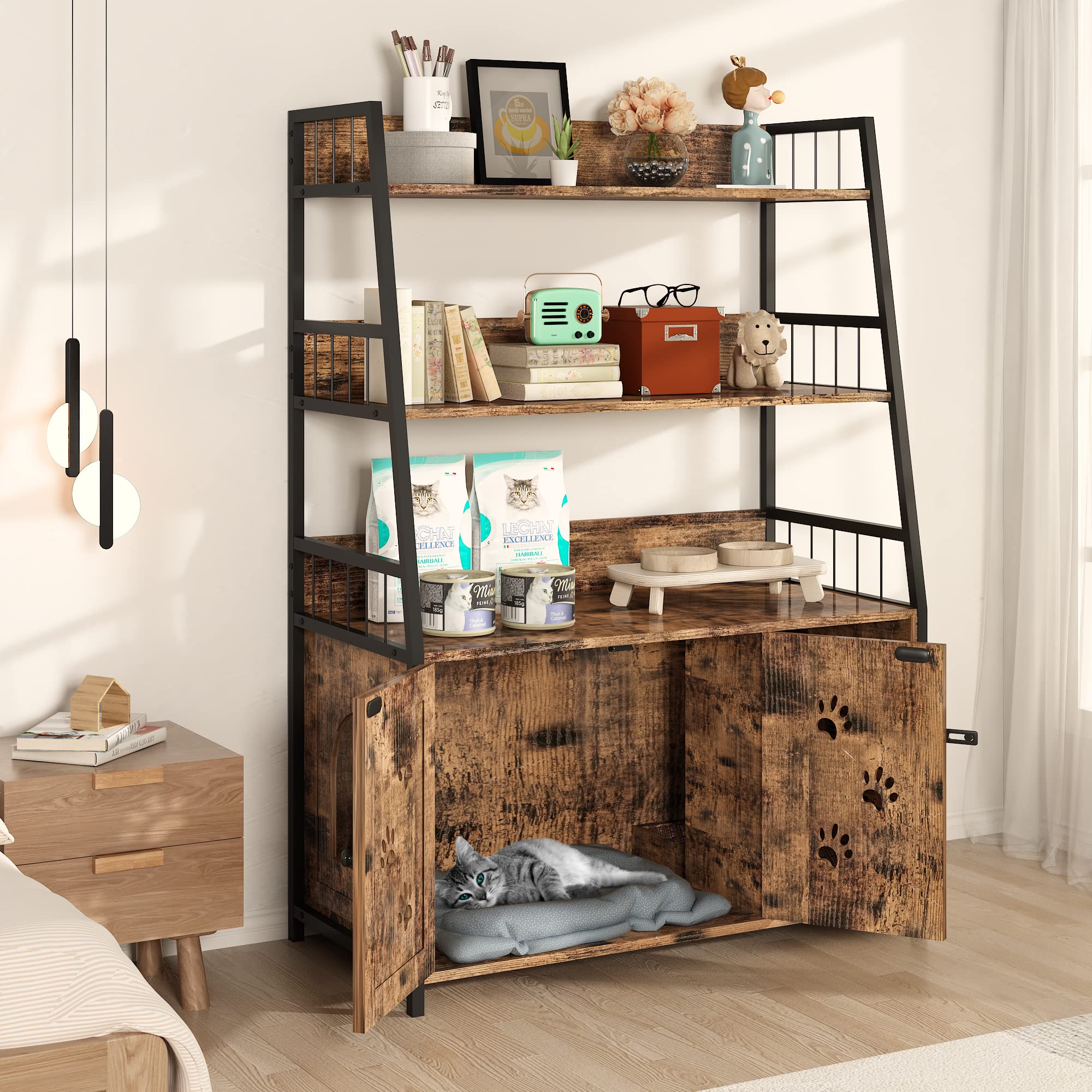 Large Cat Litter Box Enclosure with Storage Shelf - Hidden Cat Washroom Furniture - Wooden Cat House with Scratching Pad - Sturdy 2-Door Indoor Cat Cabinet in Rustic Brown - Perfect for Small Spaces & Multi-Cat Homes
