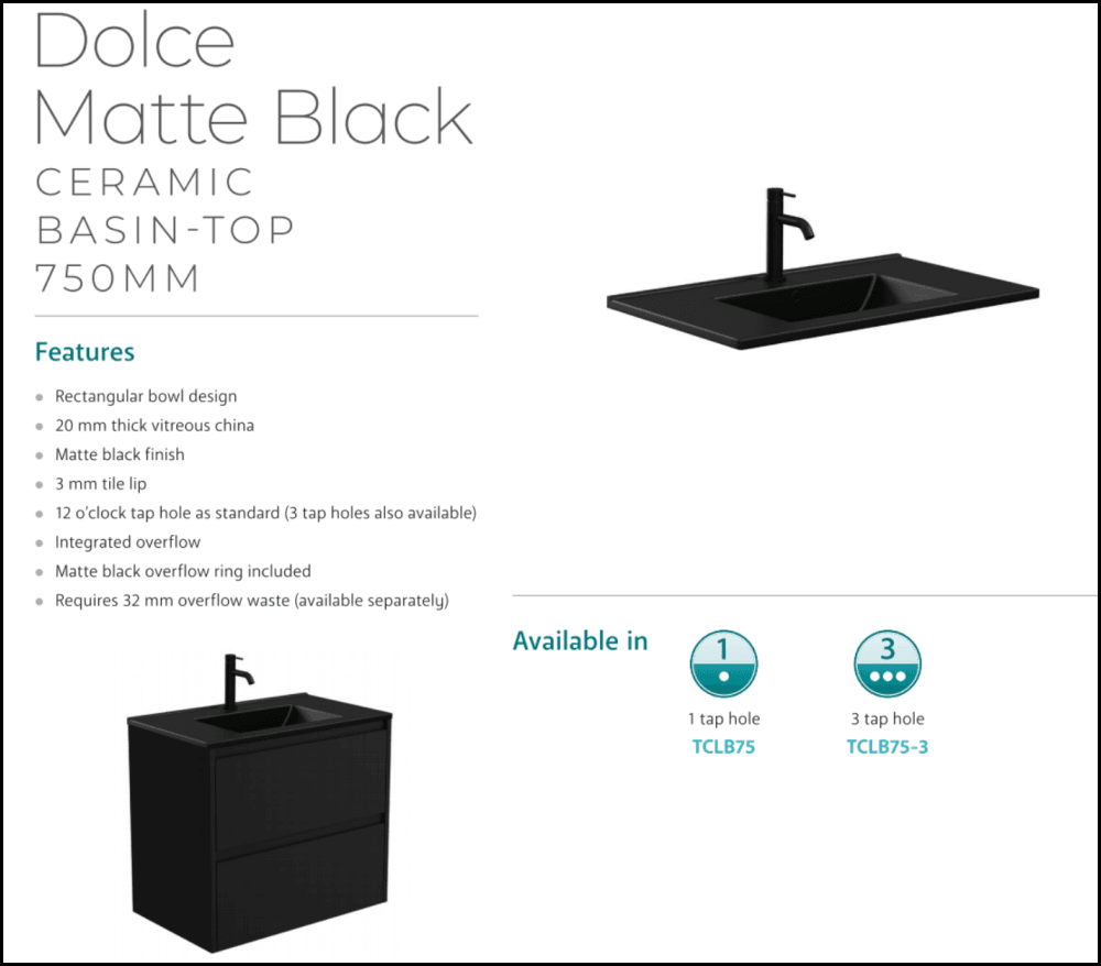 Fienza TCLB75XL 750mm Dolce Matte Black Wall Mounted Bathroom Vanity with Left Drawers - Modern Industrial Style for Small Bathrooms & Powder Rooms