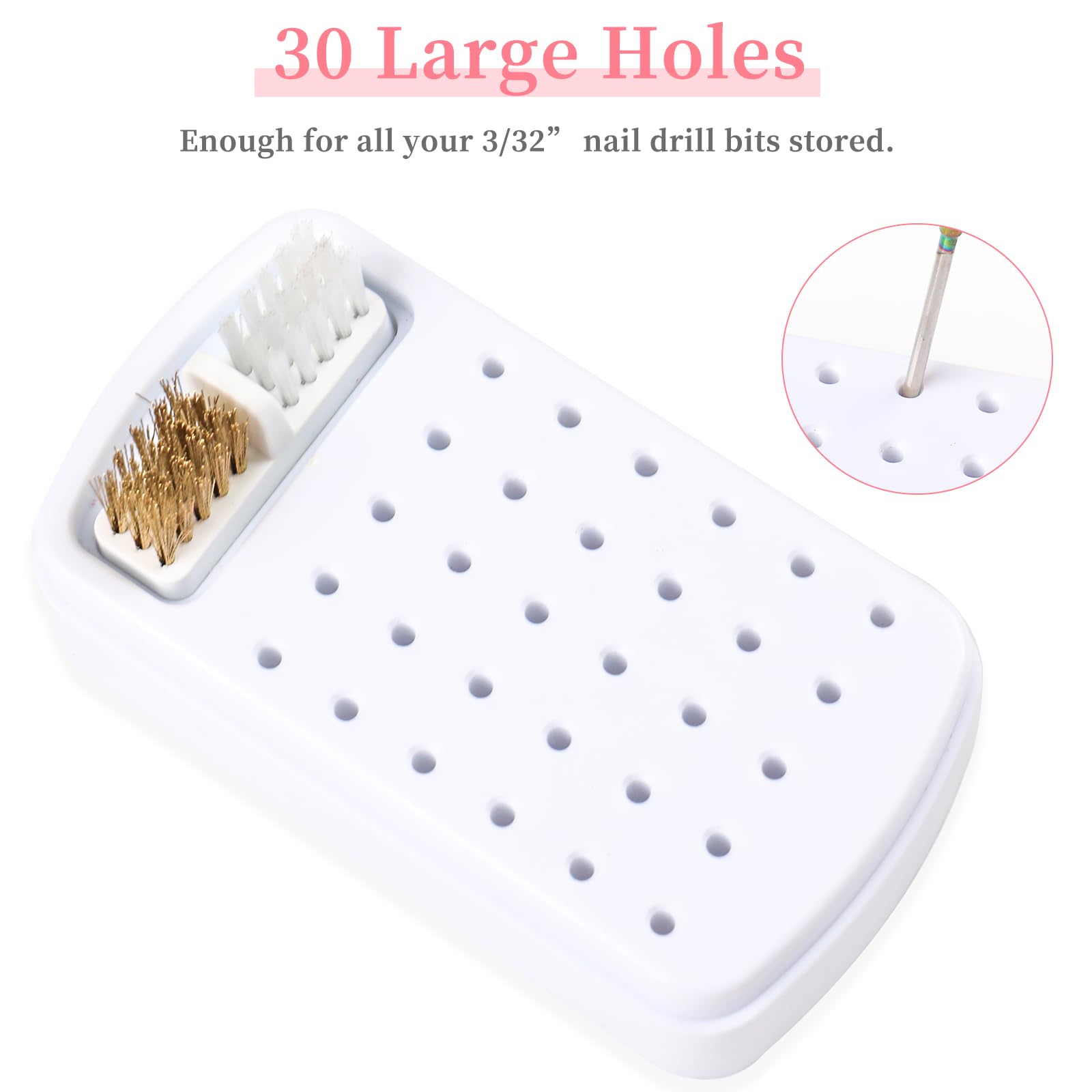 2 in 1 Nail Drill Bits Holder & Cleaner - 30 Hole Dustproof Storage Box with 3 Cleaning Brushes - White Acrylic Plastic Nail Art Kit for Professional & Home Manicure & Pedicure - Perfect for Nail Salons, DIY Nail Care & Travel Beauty Essentials