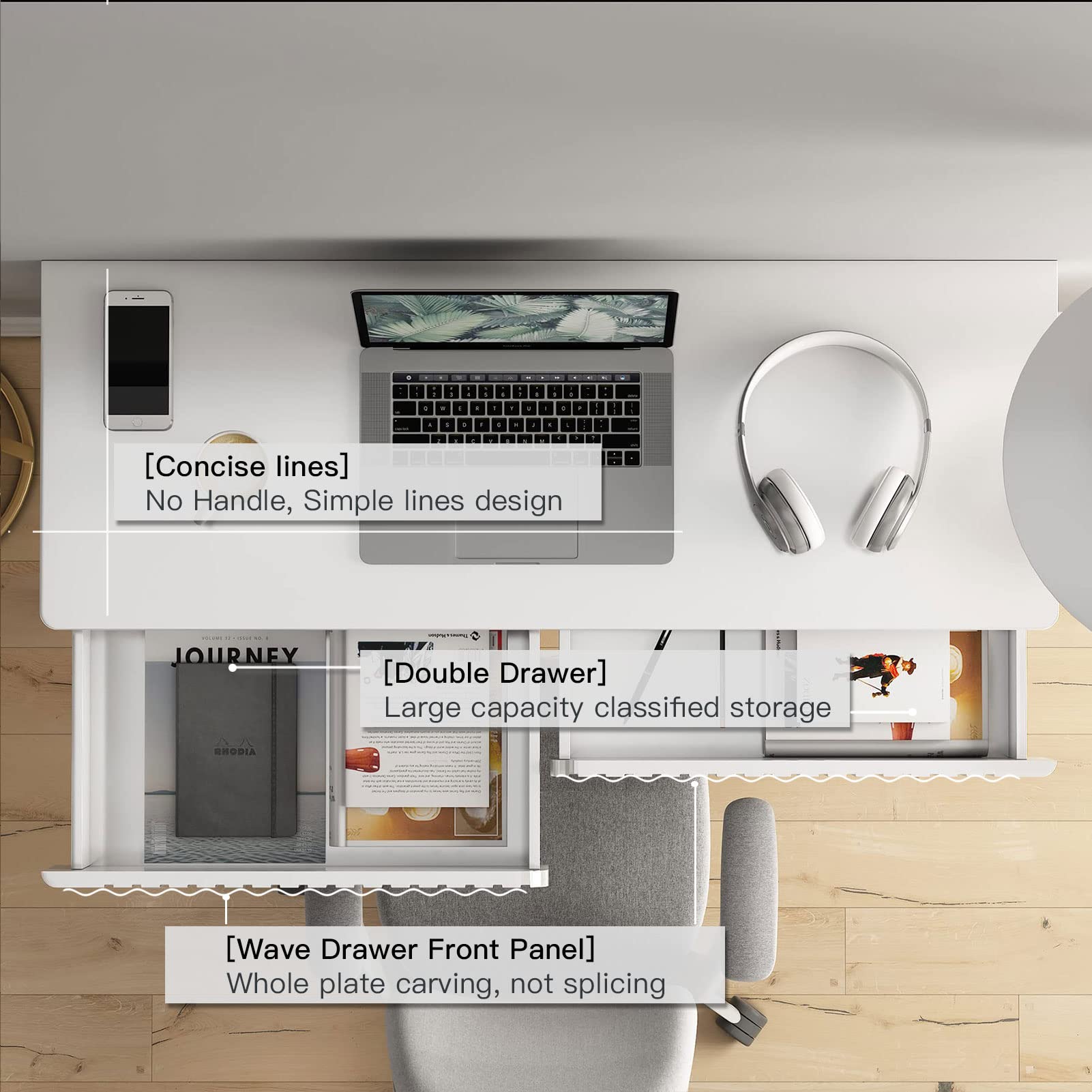 White Vanity Desk with 2 Drawers - Modern Silver & White Home Office Desk, Glossy Makeup Table with Wood Top & Metal Legs - Perfect for Writing, Computer Work & Standing Desk Setup in Bedroom or Office