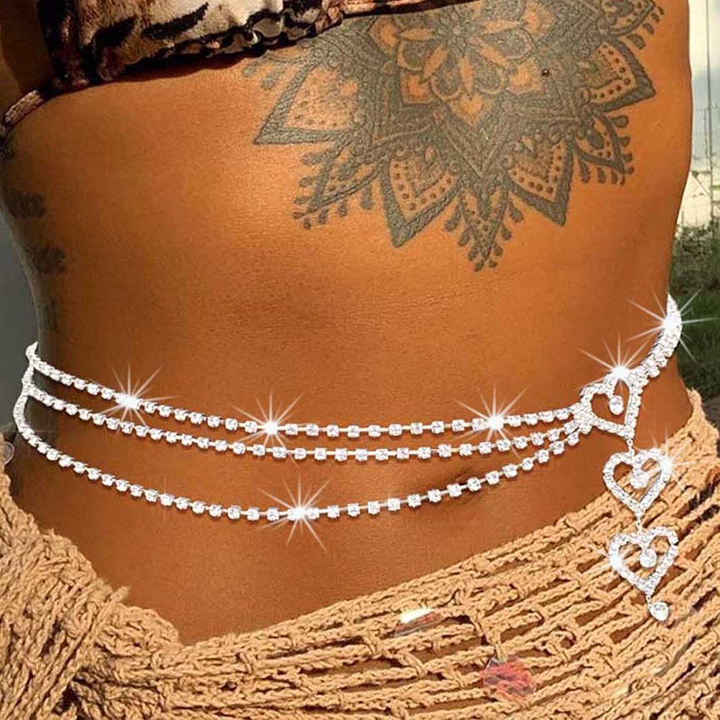 Sparkling Rhinestone Waist Chain - Layered Silver Belly Jewelry with Heart Charm for Women | Nightclub, Party, Festival & Beach Body Accessories | Perfect for Bachelorette, Rave & Special Occasions