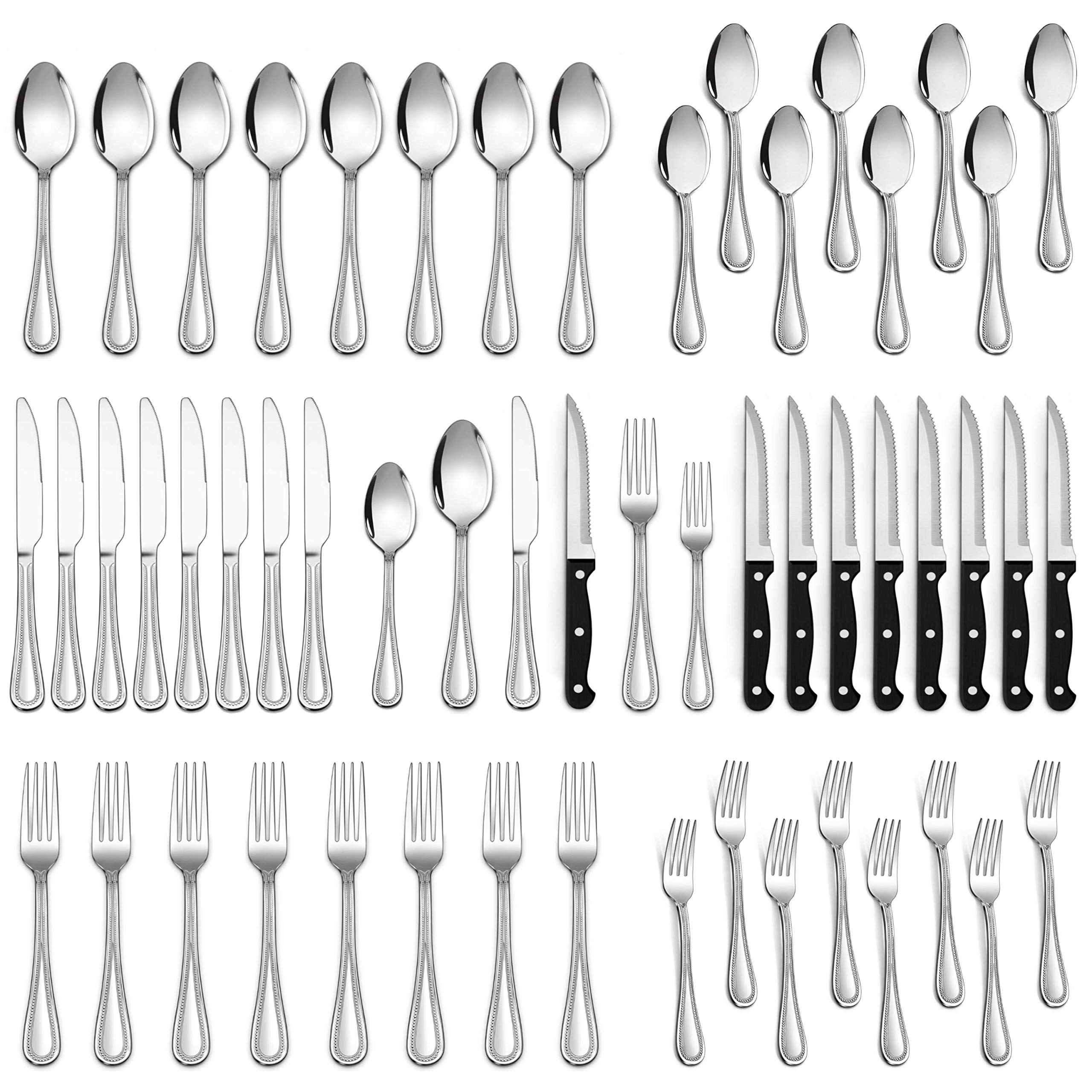 36-Piece Stainless Steel Silverware Set with Steak Knives for 6 - Elegant Beaded Edge Flatware Cutlery Set for Kitchen, Restaurant & Hotel Use - Dishwasher Safe Dining Utensils for Everyday Meals, Dinner Parties and Special Occasions