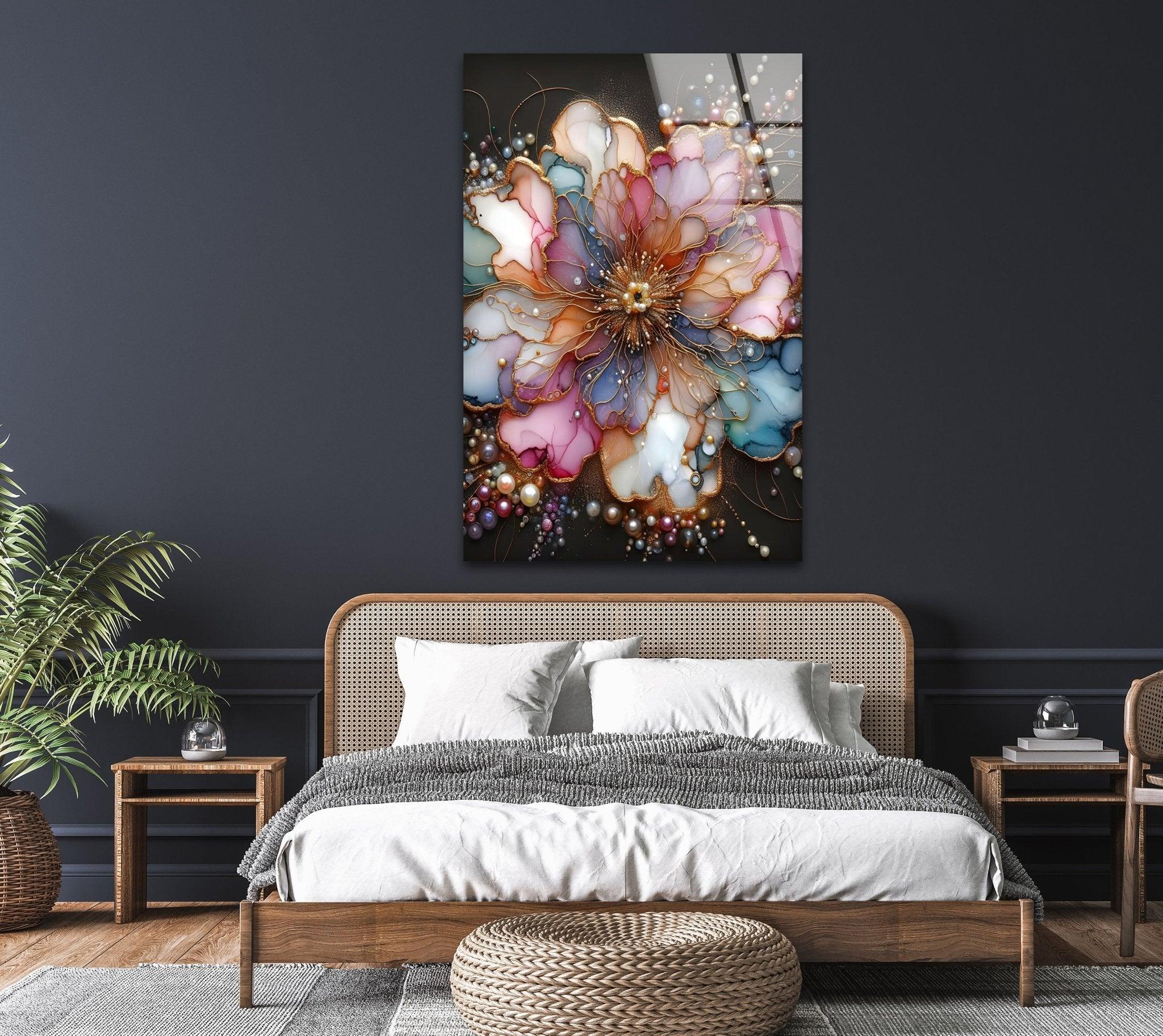 Abstract Floral Pearl Glass Wall Art - Elegant Home Decor for Living Room, Bedroom & Office - Perfect Gift for Housewarming & Wedding