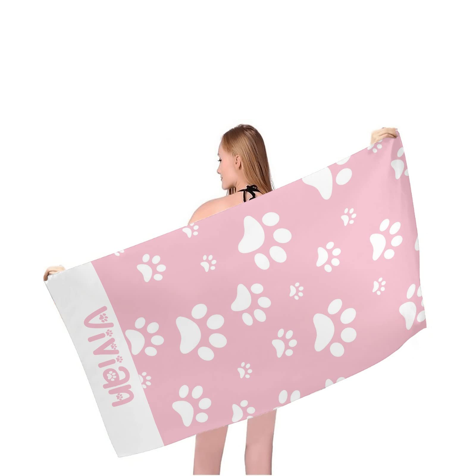 Custom Personalized Pink Dog Paw Print Beach Towels with Name - Super Absorbent 30x60 Inch Bath Towel for Adults & Kids - Perfect for Beach, Pool, Spa, and Birthday Gifts
