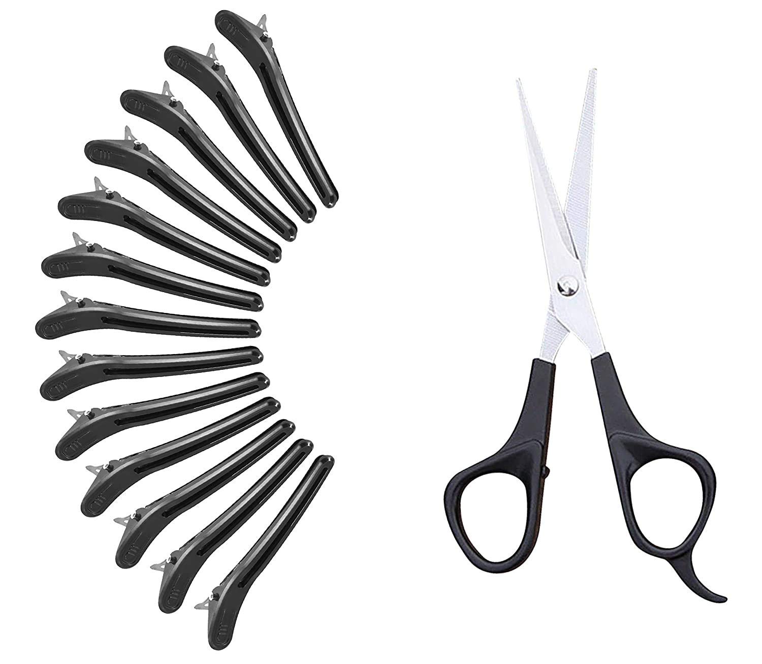 DEXO 12-Pack Hair Sectioning Clips with Free Hair Cutting Scissors for Men & Women - Black | Professional Salon Styling & DIY Home Haircuts